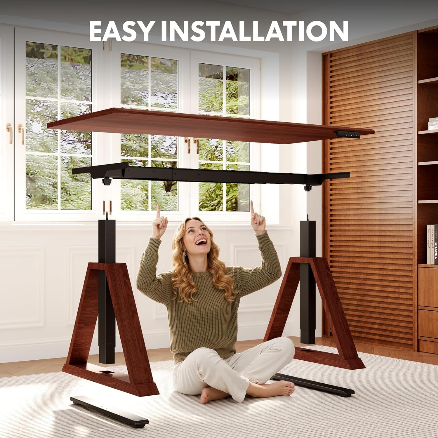 image:imageFLEXISPOT 55 x 48 Inch L Shaped Executive Standing Desk Electric Height Adjustable Desk with Drawers Large Corner Desk for Home Office and Workstation CherryWalnut