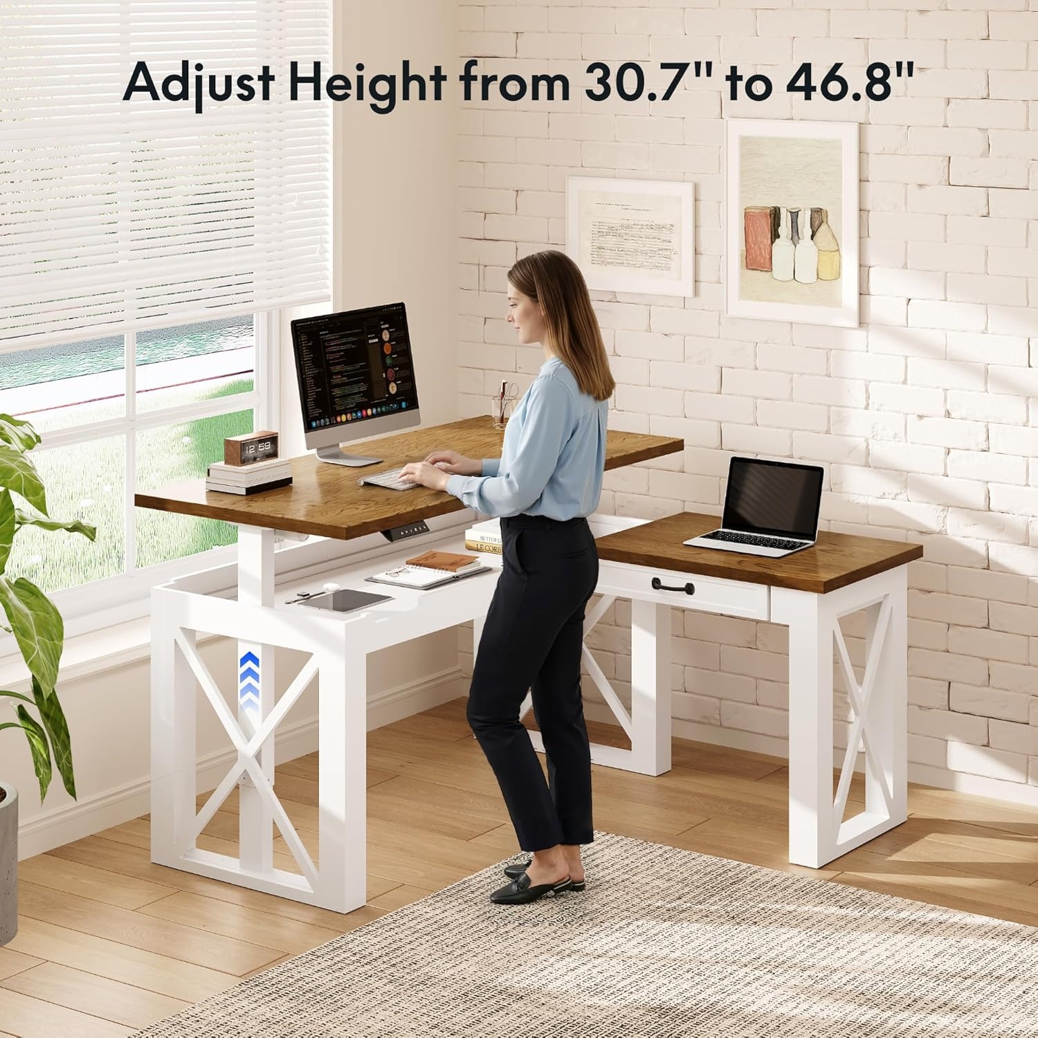 image:imageFLEXISPOT 55 x 48 Inch L Shaped Executive Standing Desk Electric Height Adjustable Desk with Drawers Large Corner Desk for Home Office and Workstation CherryCherry