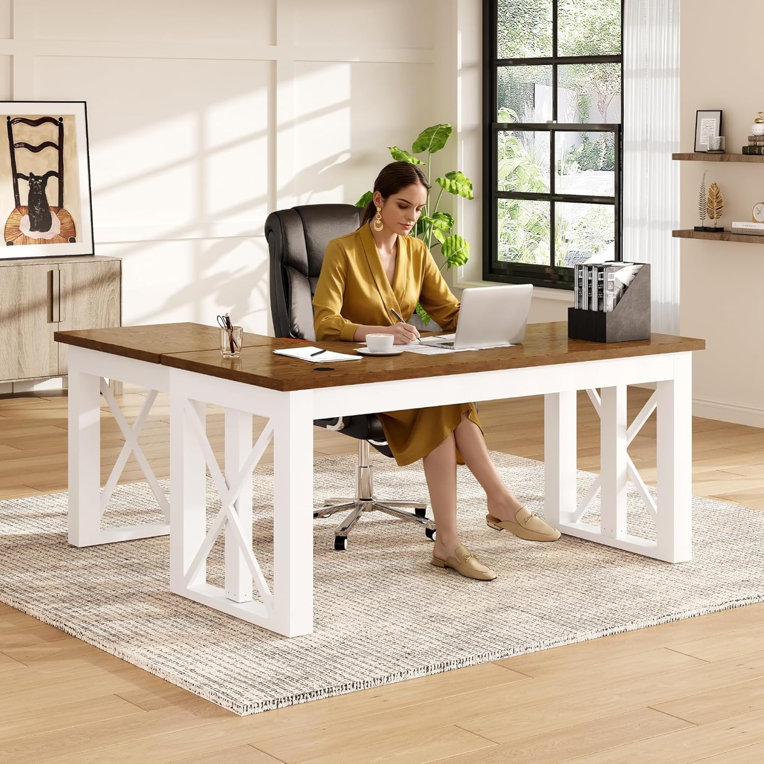 image:imageFLEXISPOT 55 x 48 Inch L Shaped Executive Standing Desk Electric Height Adjustable Desk with Drawers Large Corner Desk for Home Office and Workstation CherryCherry