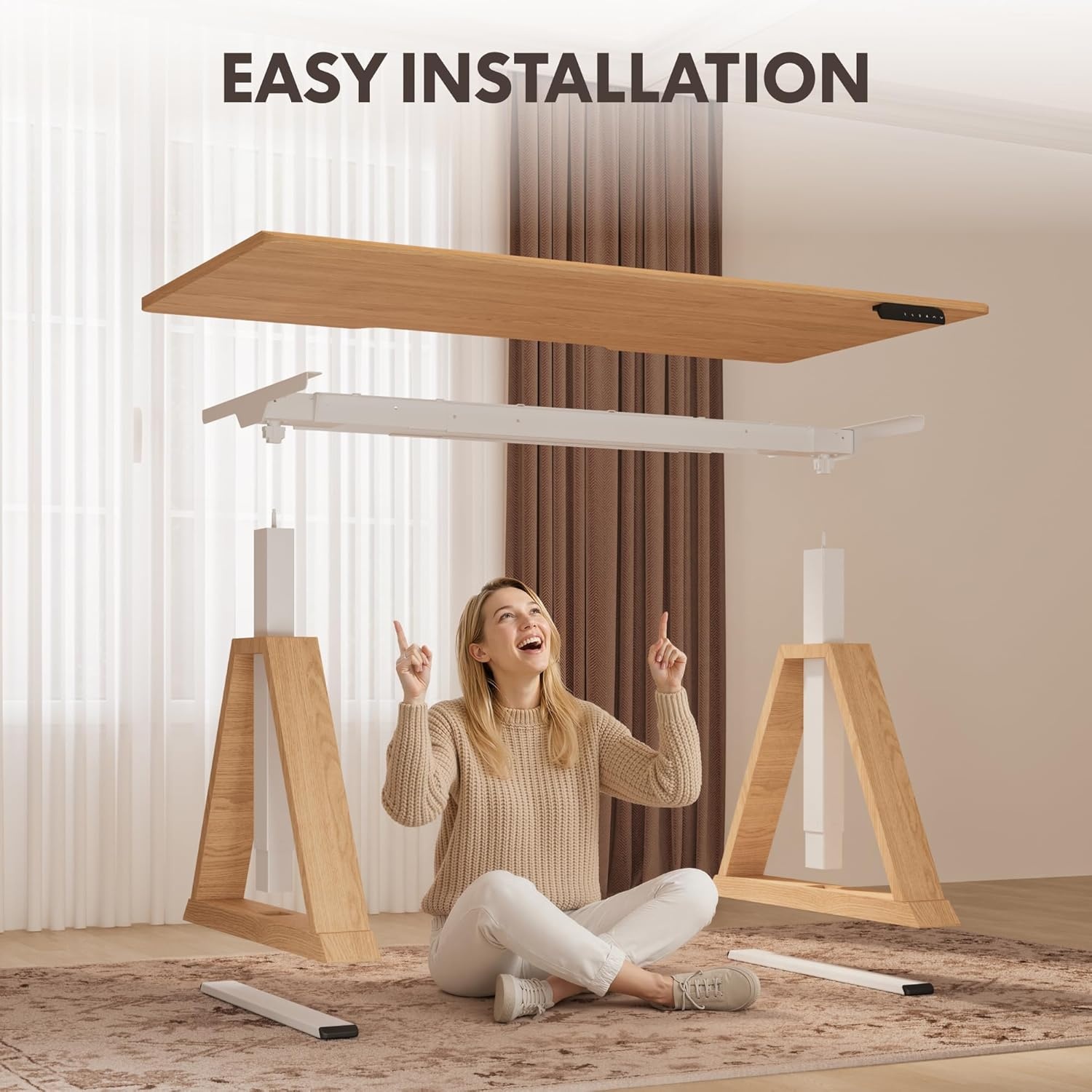 image:imageFLEXISPOT 55 x 48 Inch L Shaped Executive Standing Desk Electric Height Adjustable Desk with Drawers Large Corner Desk for Home Office and Workstation CherryNatural