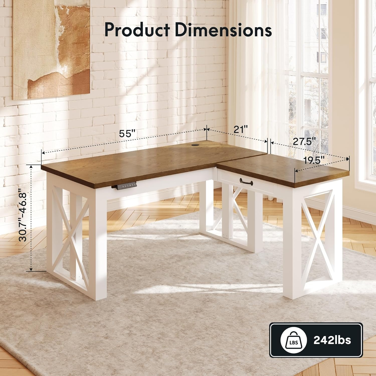 image:imageFLEXISPOT 55 x 48 Inch L Shaped Executive Standing Desk Electric Height Adjustable Desk with Drawers Large Corner Desk for Home Office and Workstation CherryCherry