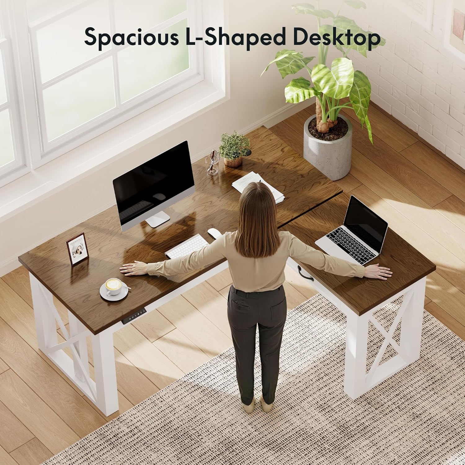 image:imageFLEXISPOT 55 x 48 Inch L Shaped Executive Standing Desk Electric Height Adjustable Desk with Drawers Large Corner Desk for Home Office and Workstation CherryCherry