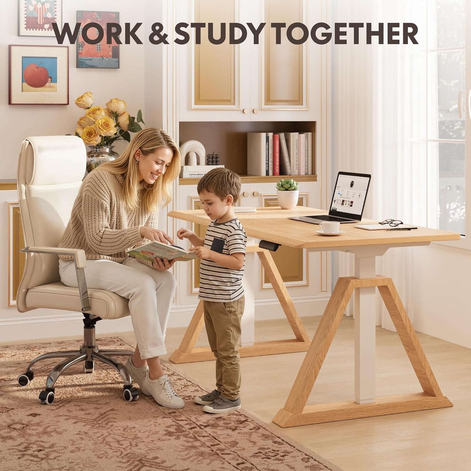 image:imageFLEXISPOT 55 x 48 Inch L Shaped Executive Standing Desk Electric Height Adjustable Desk with Drawers Large Corner Desk for Home Office and Workstation CherryNatural