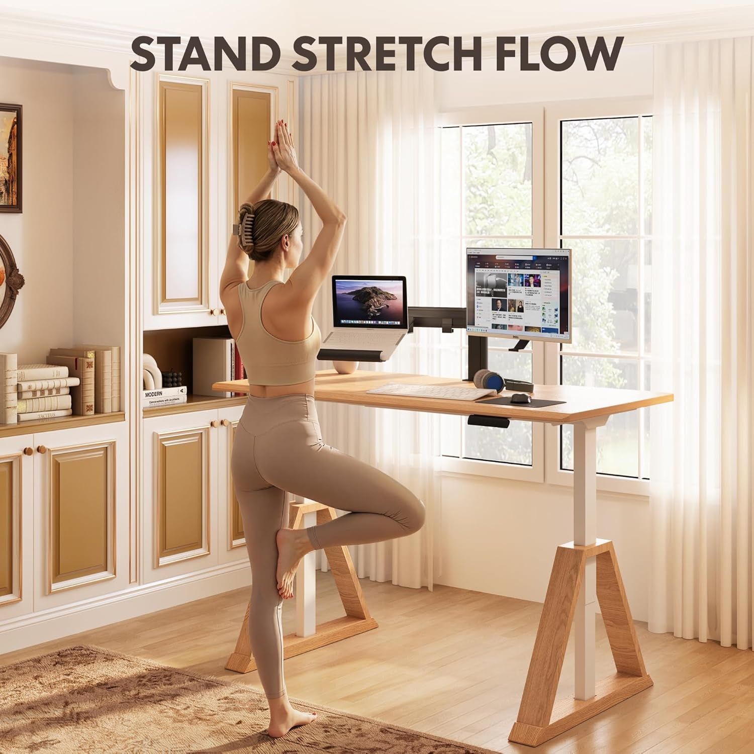 image:imageFLEXISPOT 55 x 48 Inch L Shaped Executive Standing Desk Electric Height Adjustable Desk with Drawers Large Corner Desk for Home Office and Workstation CherryNatural