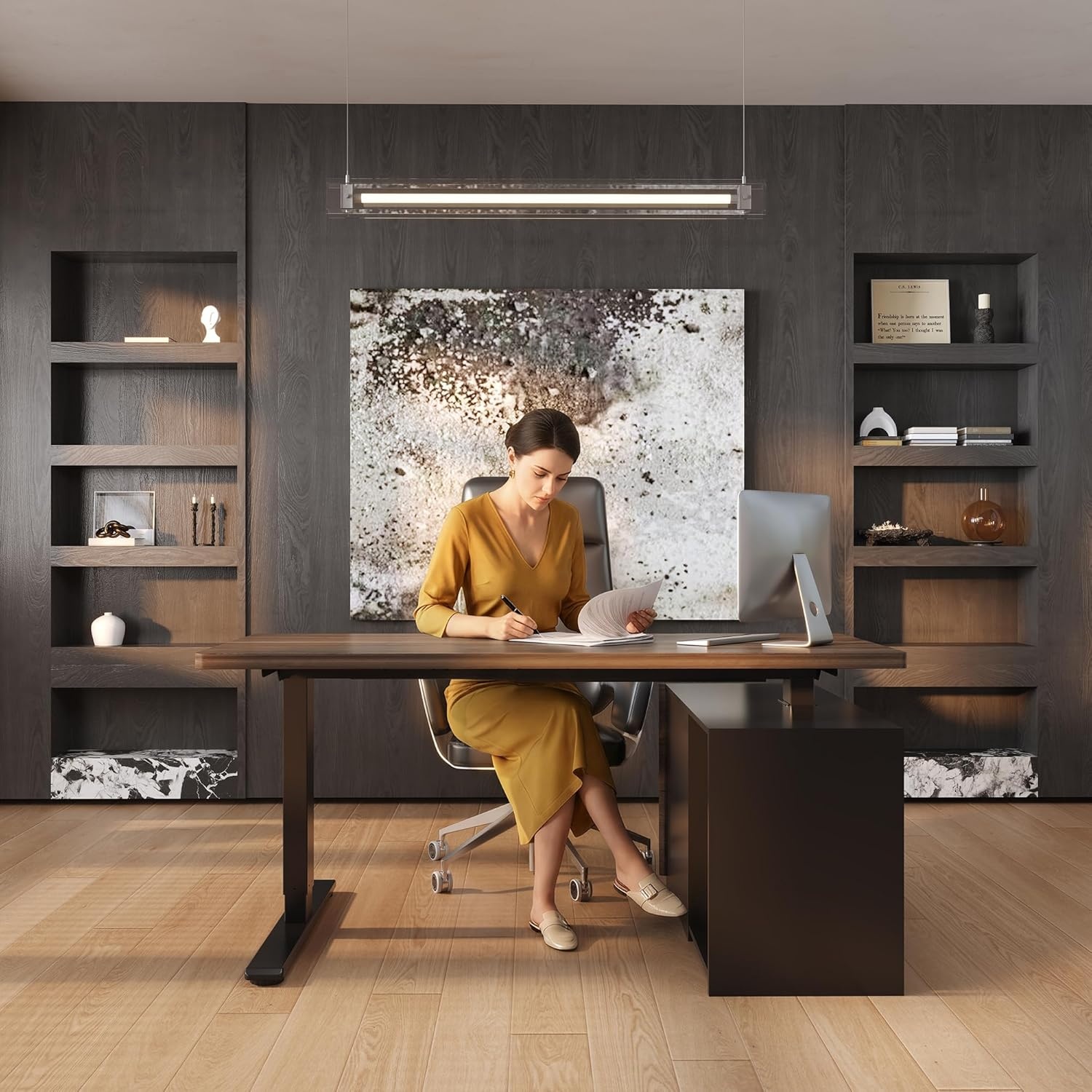 image:imageFLEXISPOT 60 Executive Standing Desk with Drawers amp CPU Holder Dual Motor Height Adjustable Desk 222 LBS Capacity 1 Thick Desktop Home Office Workstation Black Walnut 3 PackagesBlack Walnut