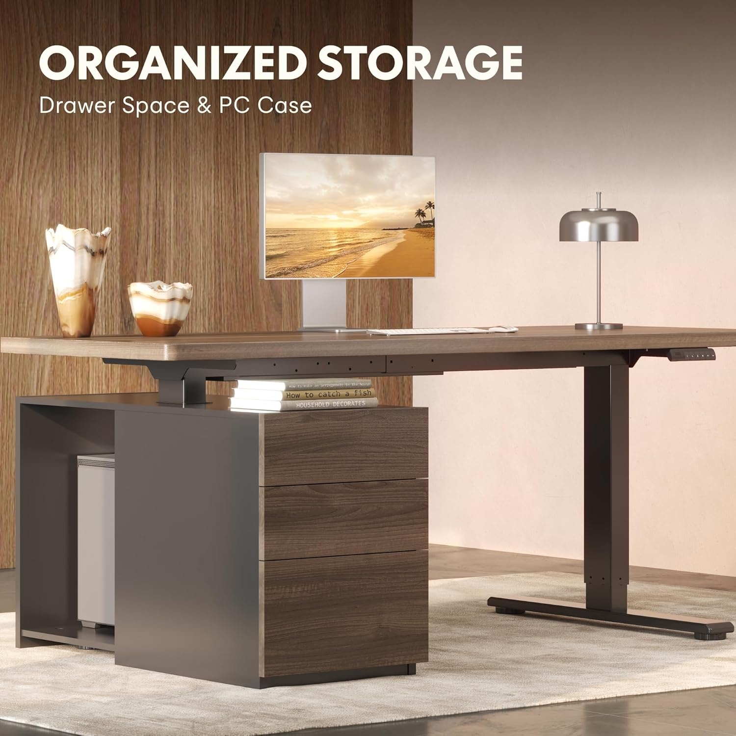 image:imageFLEXISPOT 60 Executive Standing Desk with Drawers amp CPU Holder Dual Motor Height Adjustable Desk 222 LBS Capacity 1 Thick Desktop Home Office Workstation Black Walnut 3 PackagesBlack Walnut