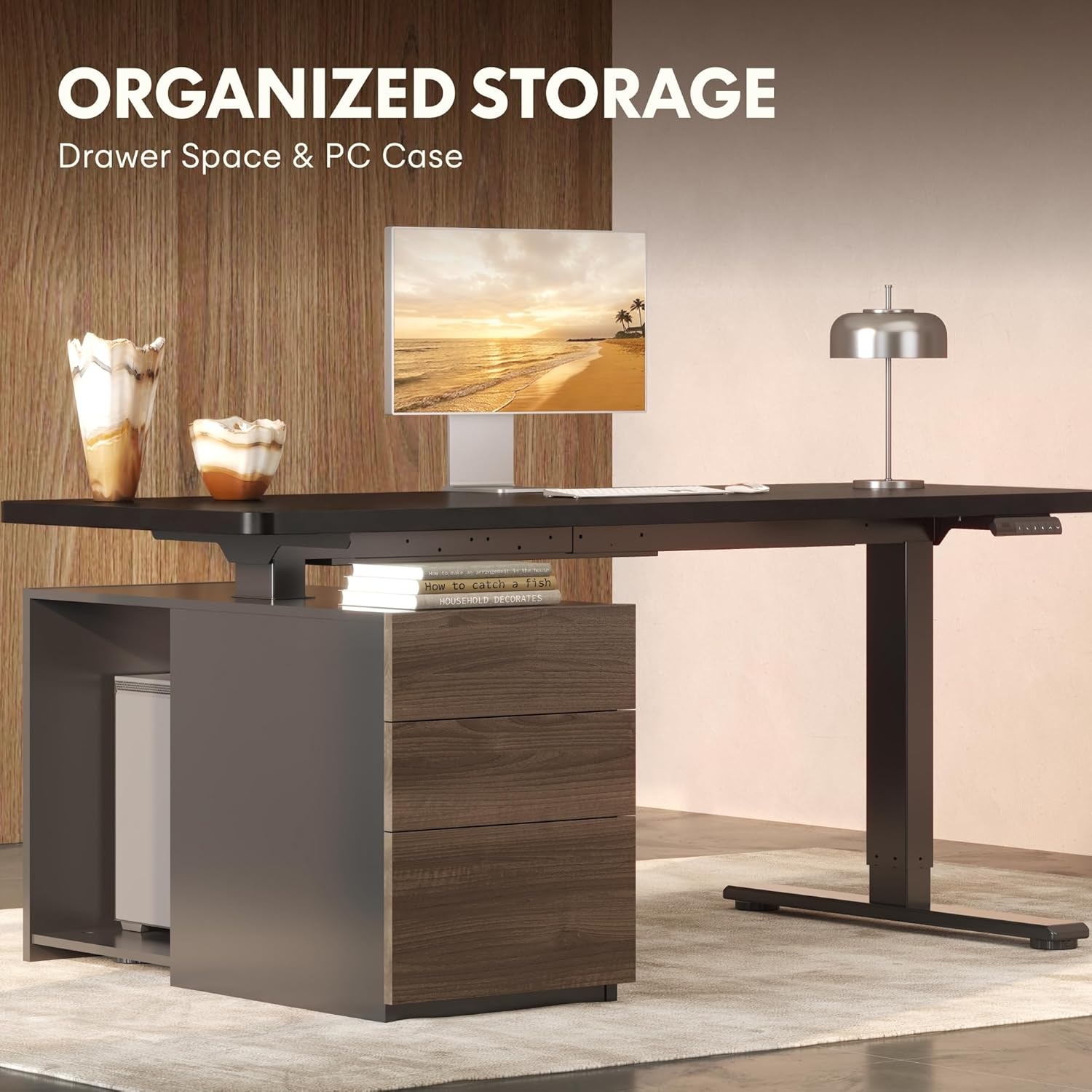 image:imageFLEXISPOT 60 Executive Standing Desk with Drawers amp CPU Holder Dual Motor Height Adjustable Desk 222 LBS Capacity 1 Thick Desktop Home Office Workstation Black Walnut 3 PackagesBlack