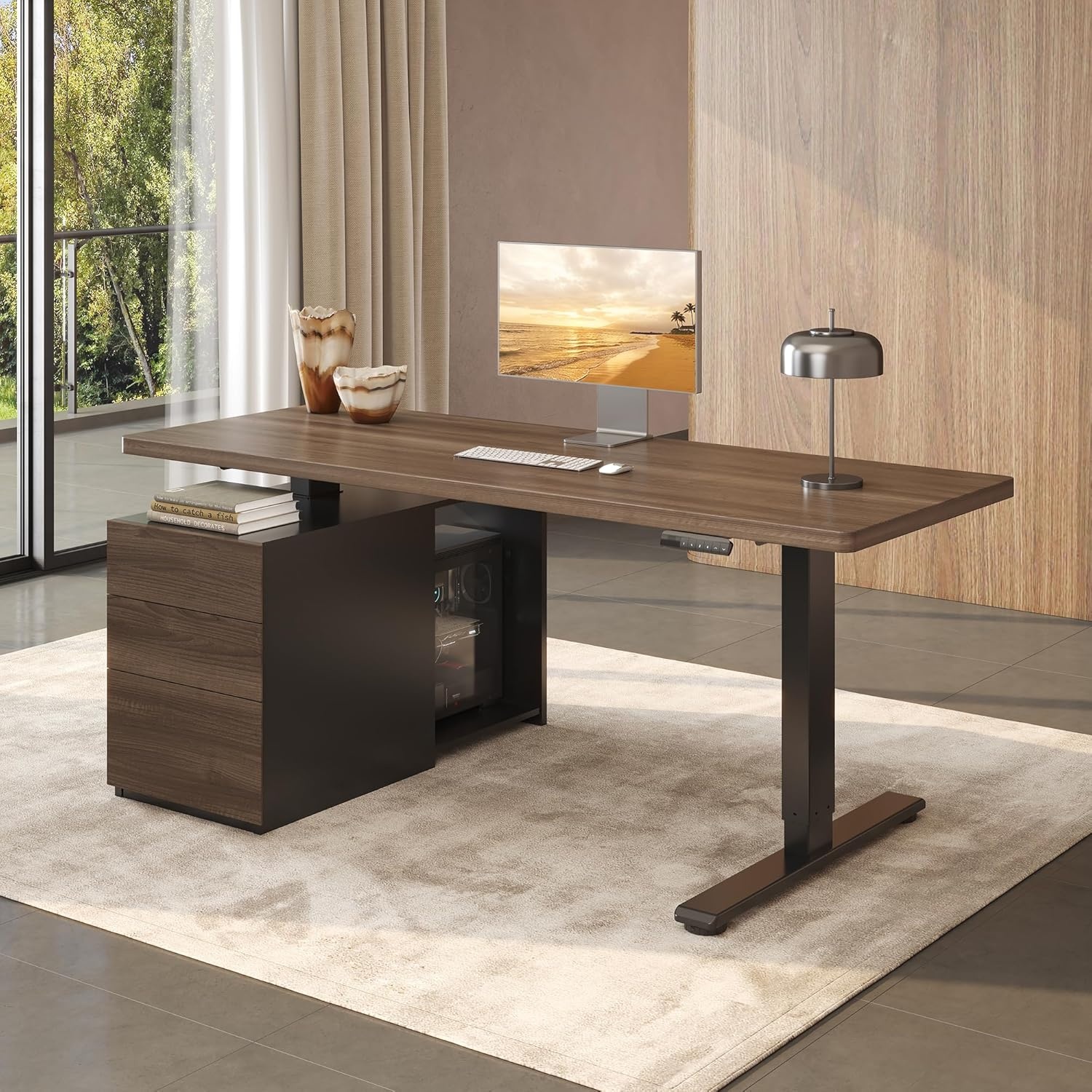 image:imageFLEXISPOT 60 Executive Standing Desk with Drawers amp CPU Holder Dual Motor Height Adjustable Desk 222 LBS Capacity 1 Thick Desktop Home Office Workstation Black Walnut 3 PackagesBlack Walnut