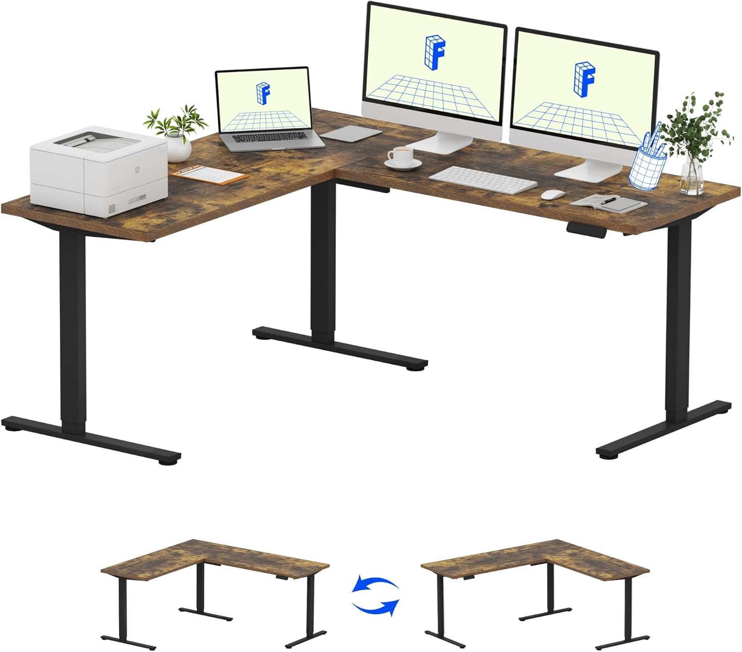image:imageFLEXISPOT 63 L Shaped Standing Desk with Shelf Electric Corner Table Drawers Adjustable Computer Workstation for Home Office63x55in White Top White FrameBasic