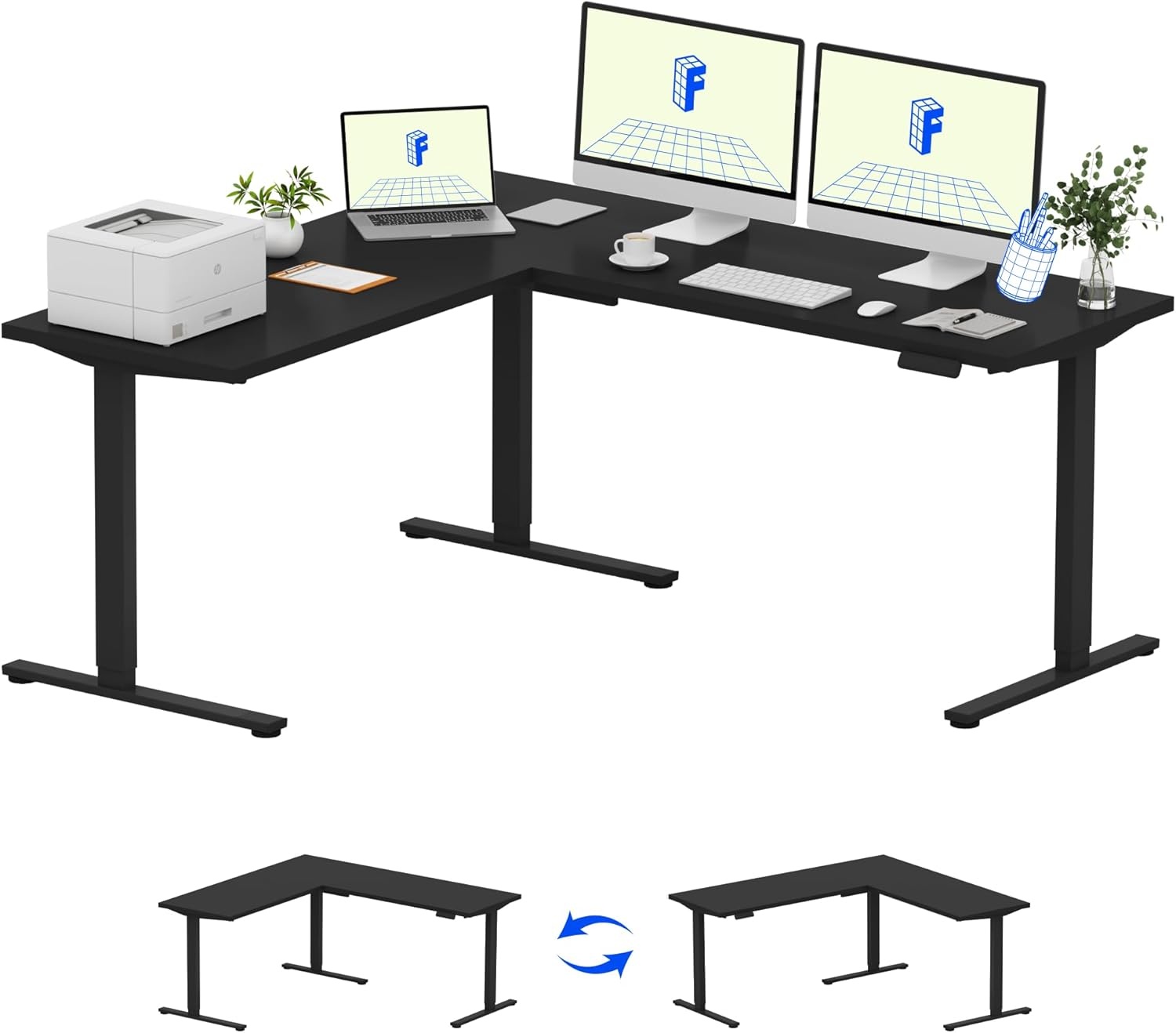 image:imageFLEXISPOT 63 L Shaped Standing Desk with Shelf Electric Corner Table Drawers Adjustable Computer Workstation for Home Office63x55in White Top White FrameBasic