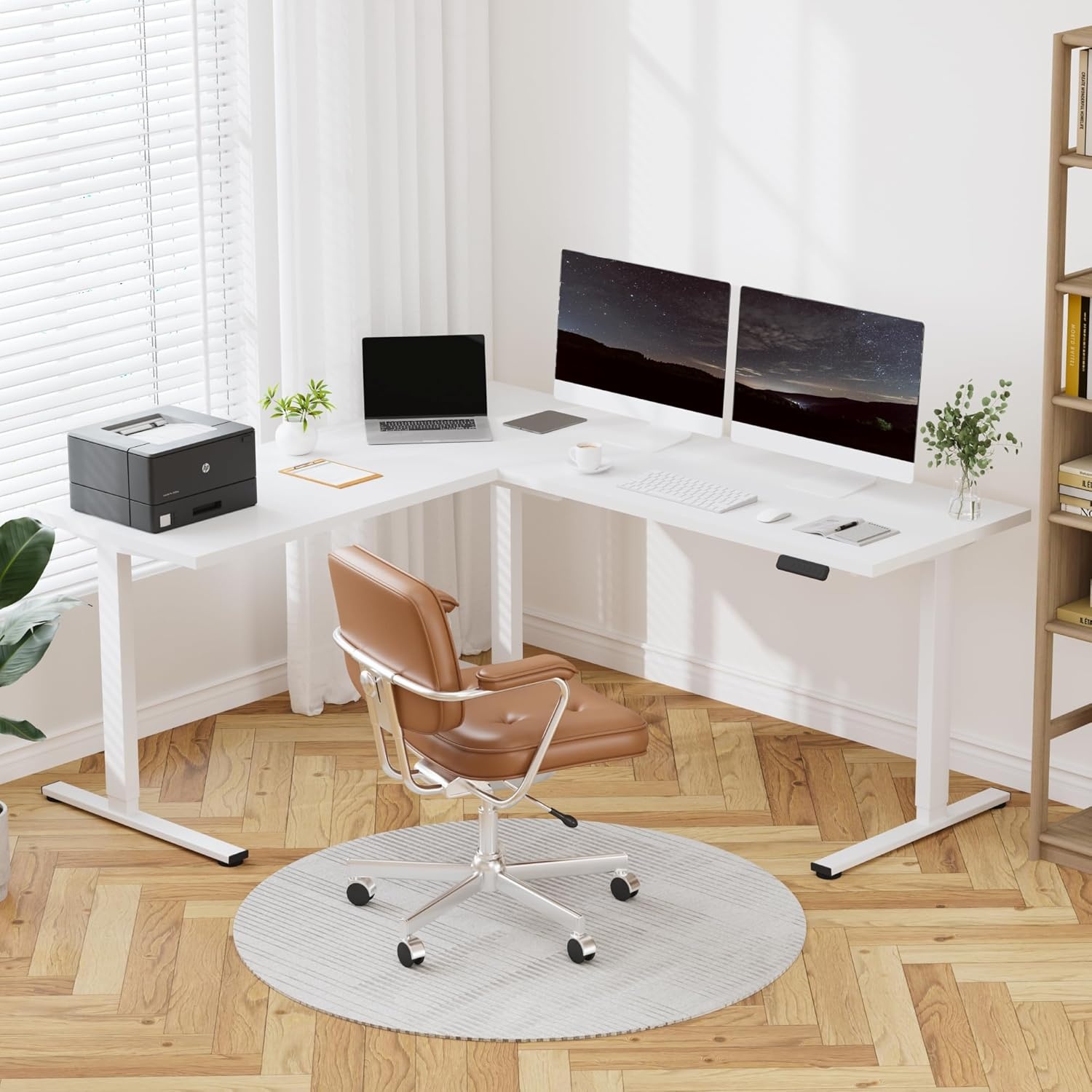 image:imageFLEXISPOT 63 L Shaped Standing Desk with Shelf Electric Corner Table Drawers Adjustable Computer Workstation for Home Office63x55in White Top White FrameBasic