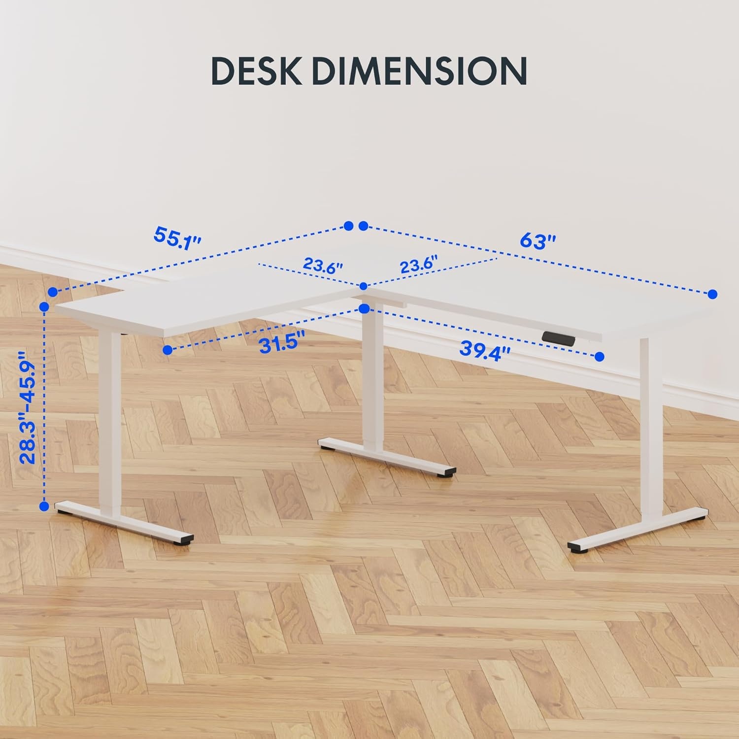 image:imageFLEXISPOT 63 L Shaped Standing Desk with Shelf Electric Corner Table Drawers Adjustable Computer Workstation for Home Office63x55in White Top White FrameBasic