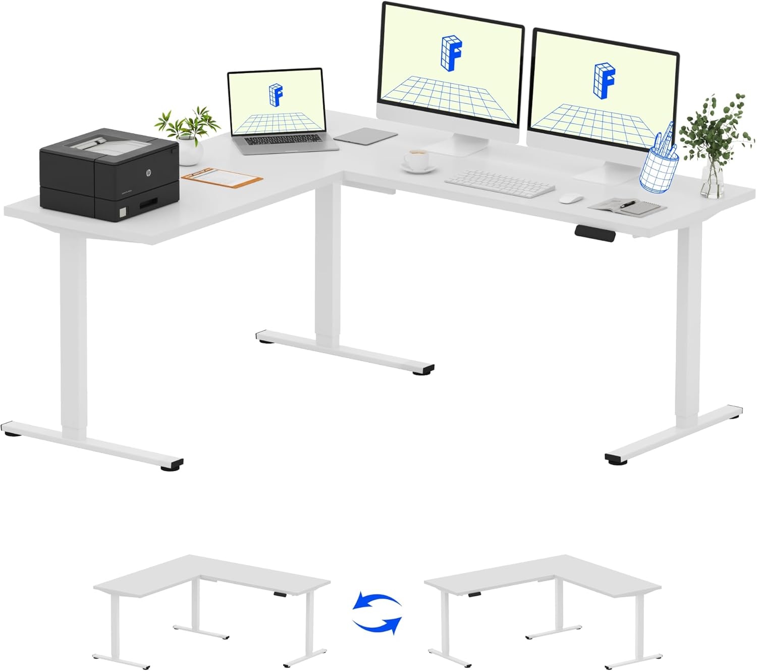 image:imageFLEXISPOT 63 L Shaped Standing Desk with Shelf Electric Corner Table Drawers Adjustable Computer Workstation for Home Office63x55in White Top White FrameBasic