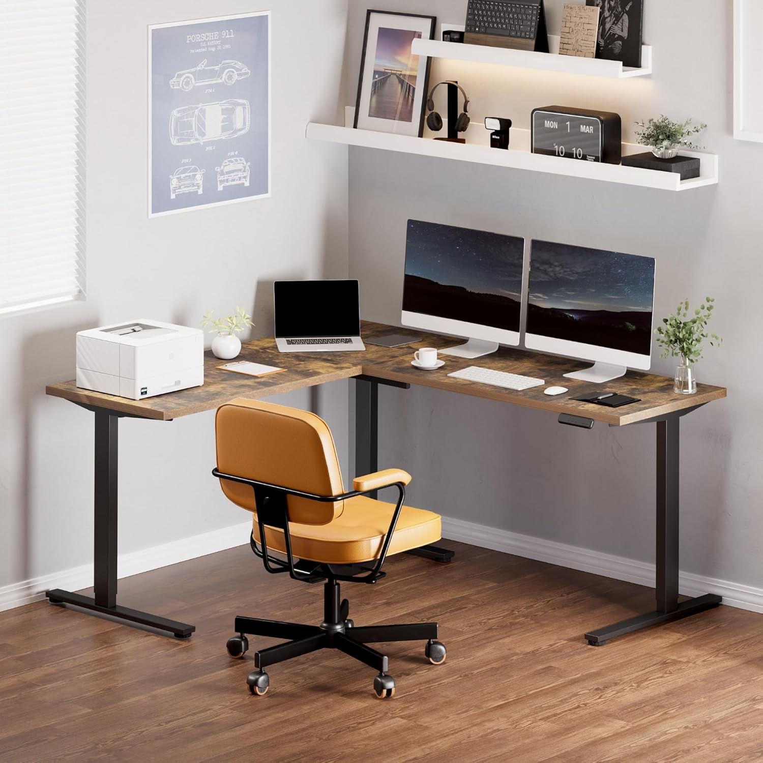 image:imageFLEXISPOT 63 L Shaped Standing Desk with Shelf Electric Corner Table Drawers Adjustable Computer Workstation for Home Office63x55in White Top White FrameBasic