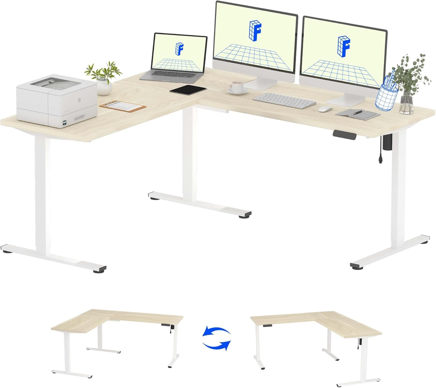 image:imageFLEXISPOT 63 L Shaped Standing Desk with Shelf Electric Corner Table Drawers Adjustable Computer Workstation for Home Office63x55in White Top White FrameBasic