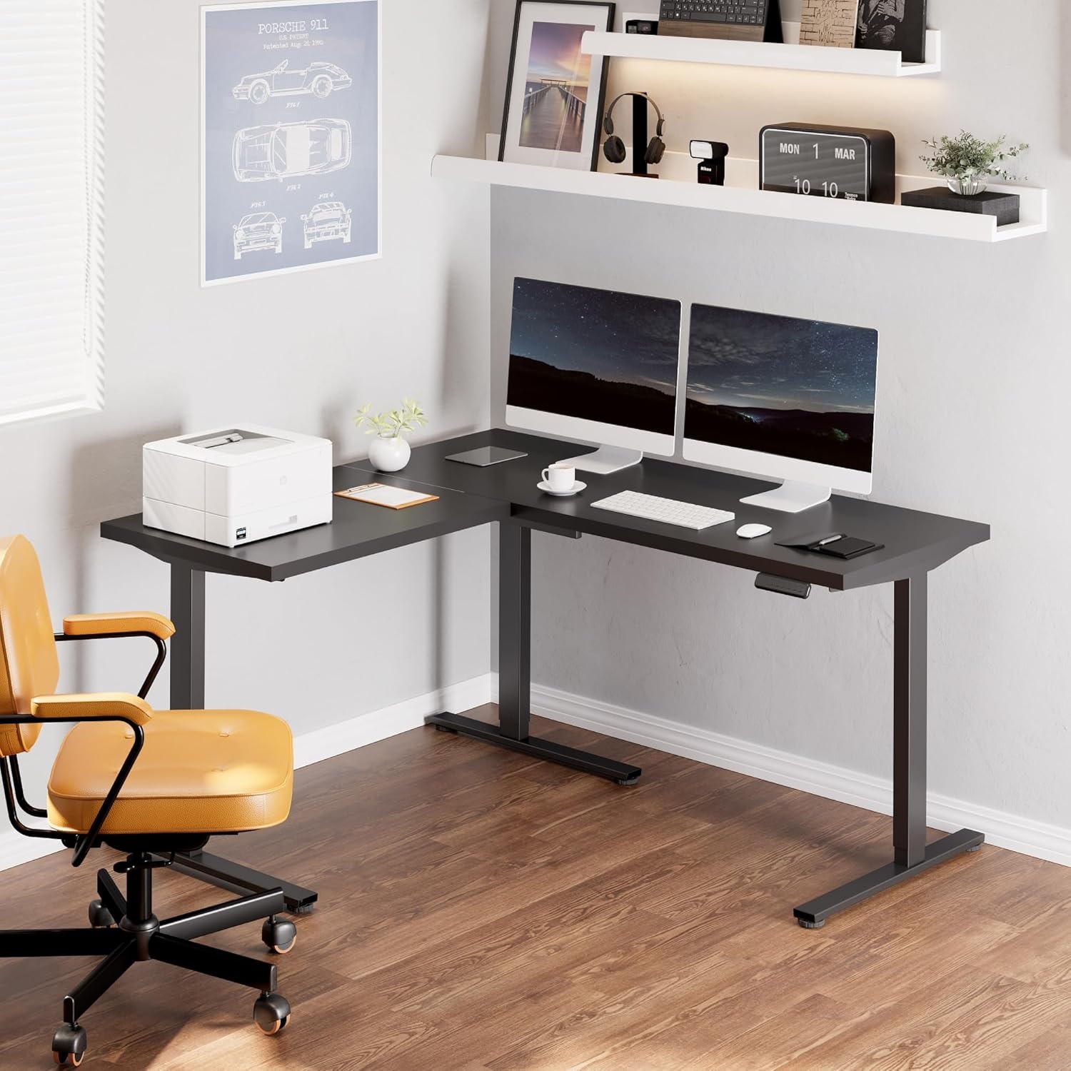 image:imageFLEXISPOT 63 L Shaped Standing Desk with Shelf Electric Corner Table Drawers Adjustable Computer Workstation for Home Office63x55in White Top White FrameBasic