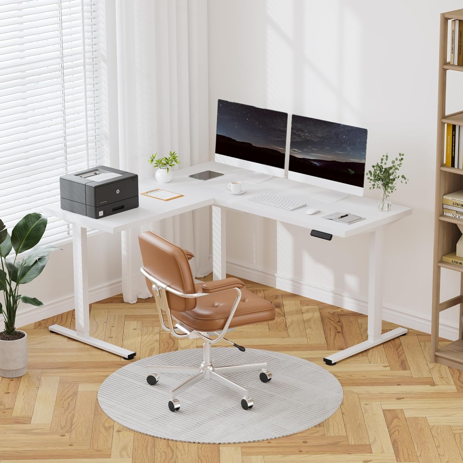 image:imageFLEXISPOT 63 L Shaped Standing Desk with Shelf Electric Corner Table Drawers Adjustable Computer Workstation for Home Office63x55in White Top White FrameBasic