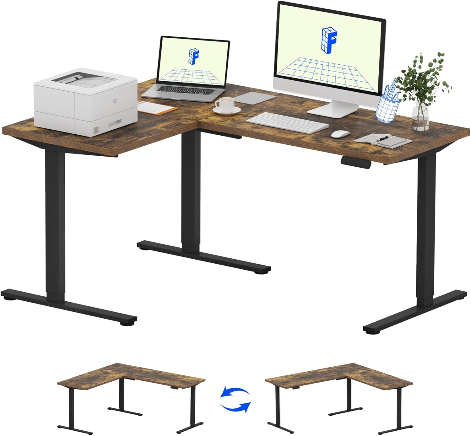 image:imageFLEXISPOT 63 L Shaped Standing Desk with Shelf Electric Corner Table Drawers Adjustable Computer Workstation for Home Office63x55in White Top White FrameBasic