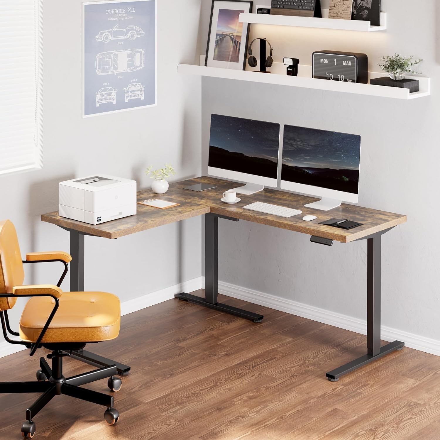 image:imageFLEXISPOT 63 L Shaped Standing Desk with Shelf Electric Corner Table Drawers Adjustable Computer Workstation for Home Office63x55in White Top White FrameBasic
