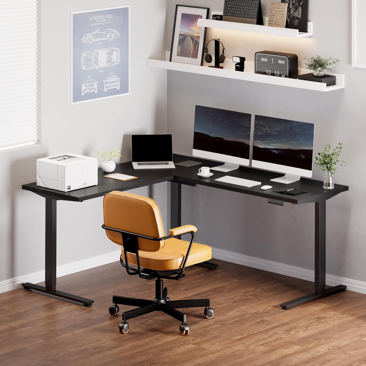 image:imageFLEXISPOT 63 L Shaped Standing Desk with Shelf Electric Corner Table Drawers Adjustable Computer Workstation for Home Office63x55in White Top White FrameBasic