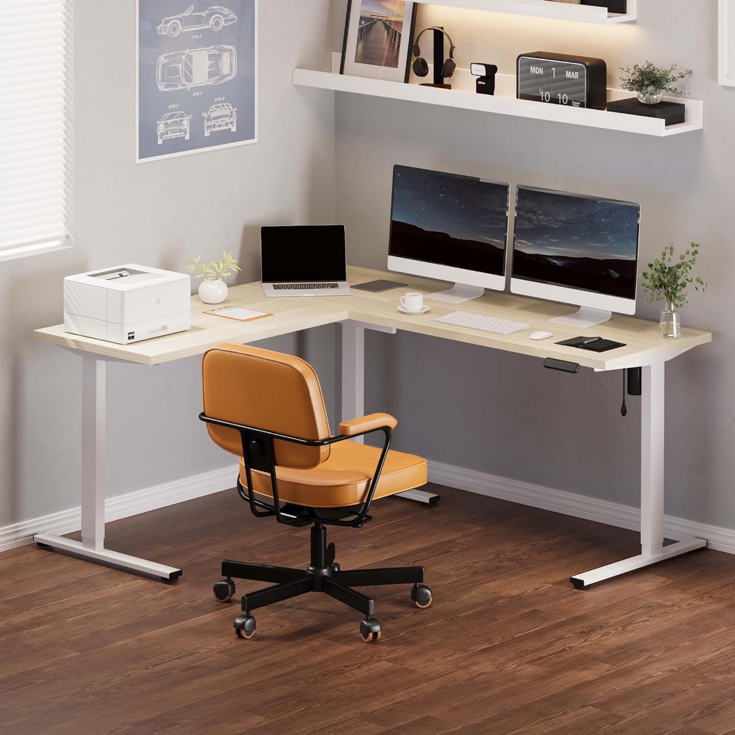 image:imageFLEXISPOT 63 L Shaped Standing Desk with Shelf Electric Corner Table Drawers Adjustable Computer Workstation for Home Office63x55in White Top White FrameBasic