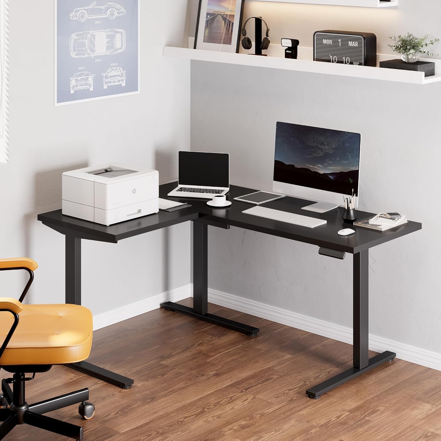 image:imageFLEXISPOT 63 L Shaped Standing Desk with Shelf Electric Corner Table Drawers Adjustable Computer Workstation for Home Office63x55in White Top White FrameBasic