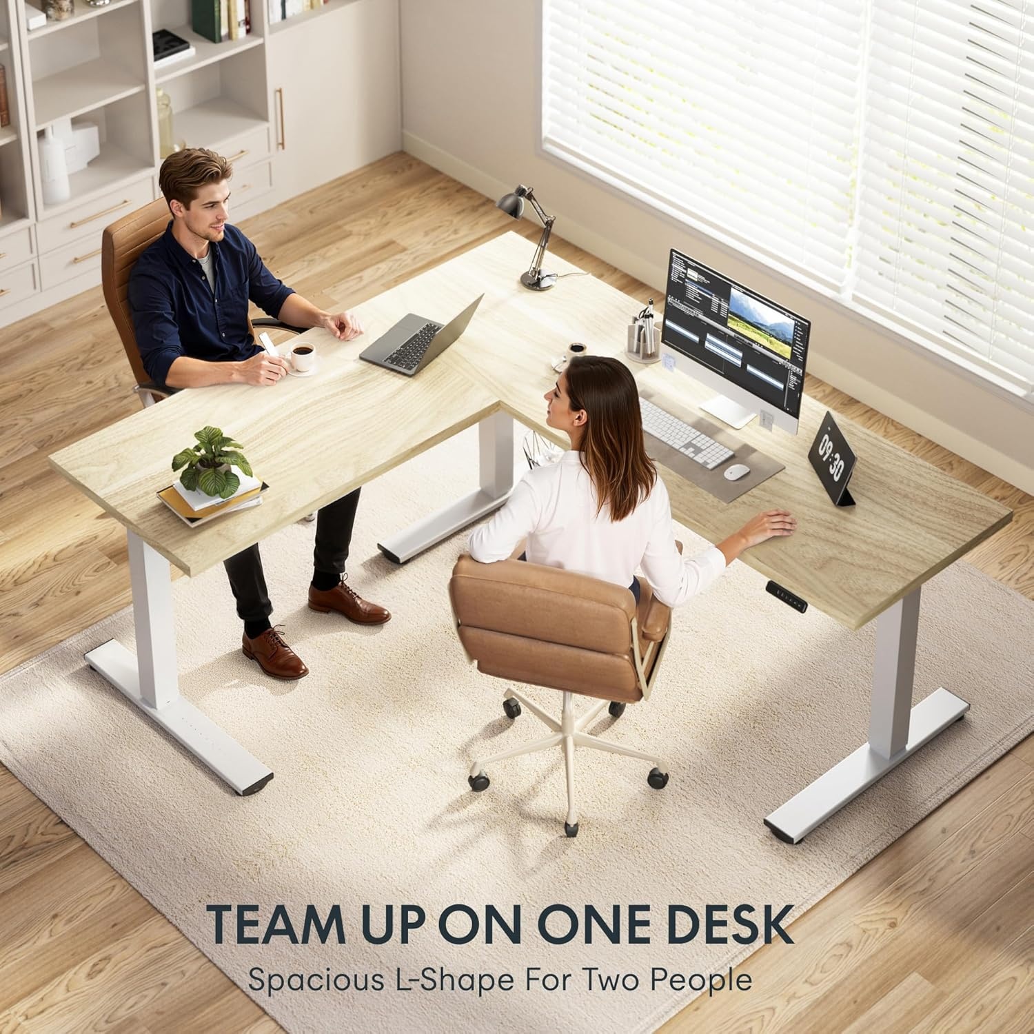 image:imageFLEXISPOT 63 L Shaped Standing Desk with Shelf Electric Corner Table Drawers Adjustable Computer Workstation for Home Office63x55in White Top White FrameBasic