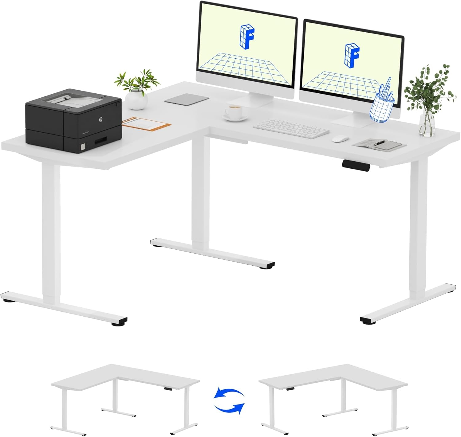 image:imageFLEXISPOT 63 L Shaped Standing Desk with Shelf Electric Corner Table Drawers Adjustable Computer Workstation for Home Office63x55in White Top White FrameBasic