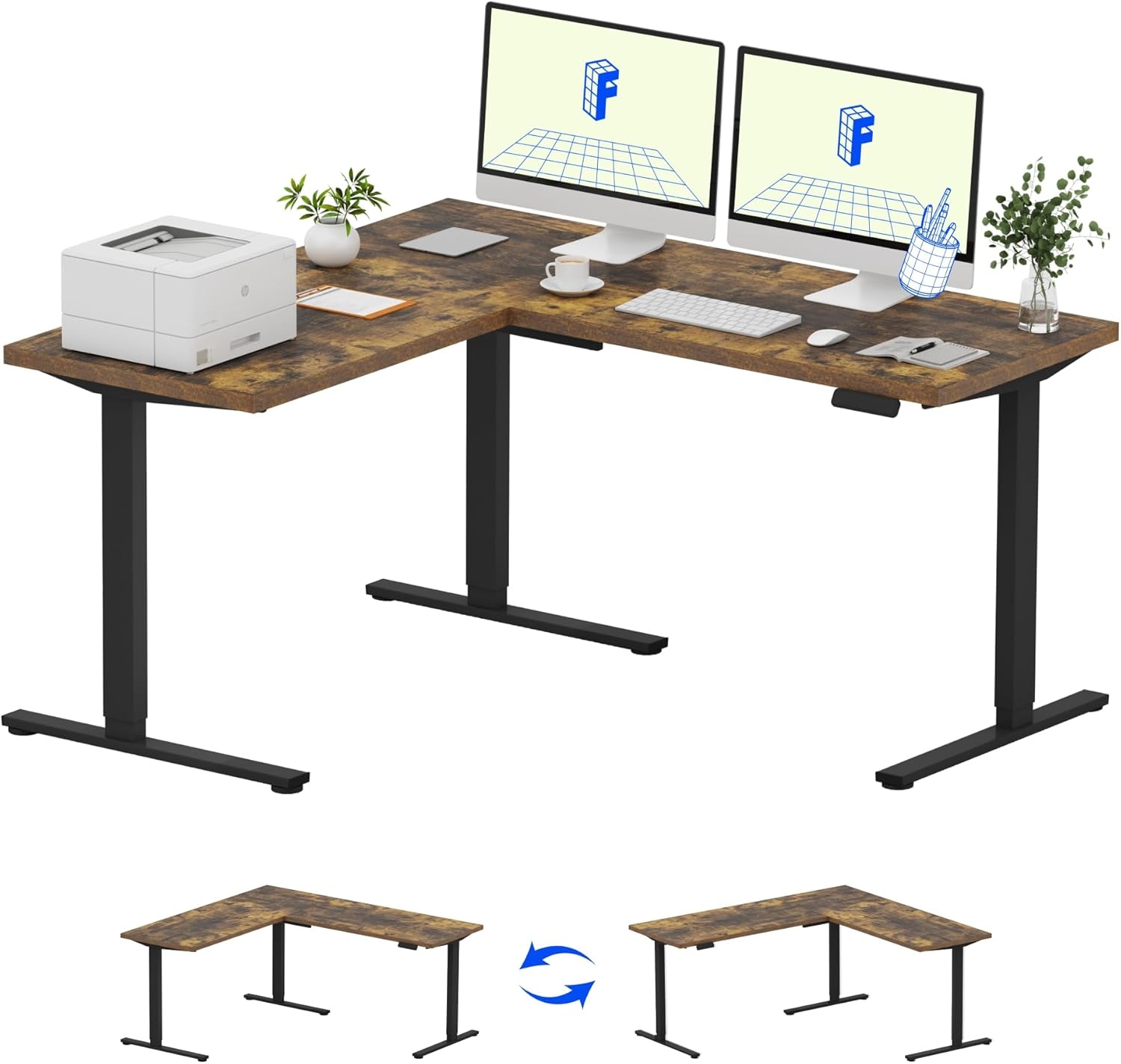 image:imageFLEXISPOT 63 L Shaped Standing Desk with Shelf Electric Corner Table Drawers Adjustable Computer Workstation for Home Office63x55in White Top White FrameBasic
