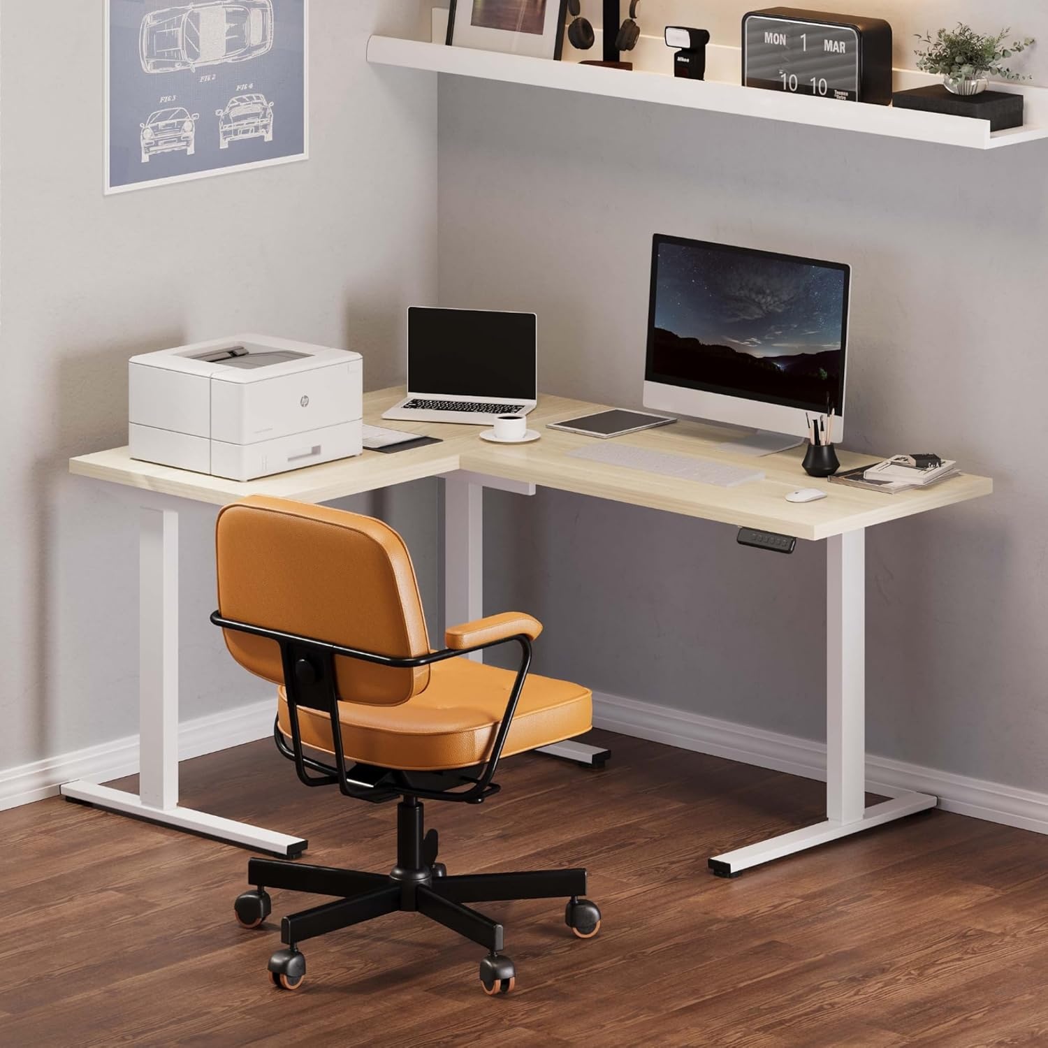image:imageFLEXISPOT 63 L Shaped Standing Desk with Shelf Electric Corner Table Drawers Adjustable Computer Workstation for Home Office63x55in White Top White FrameBasic