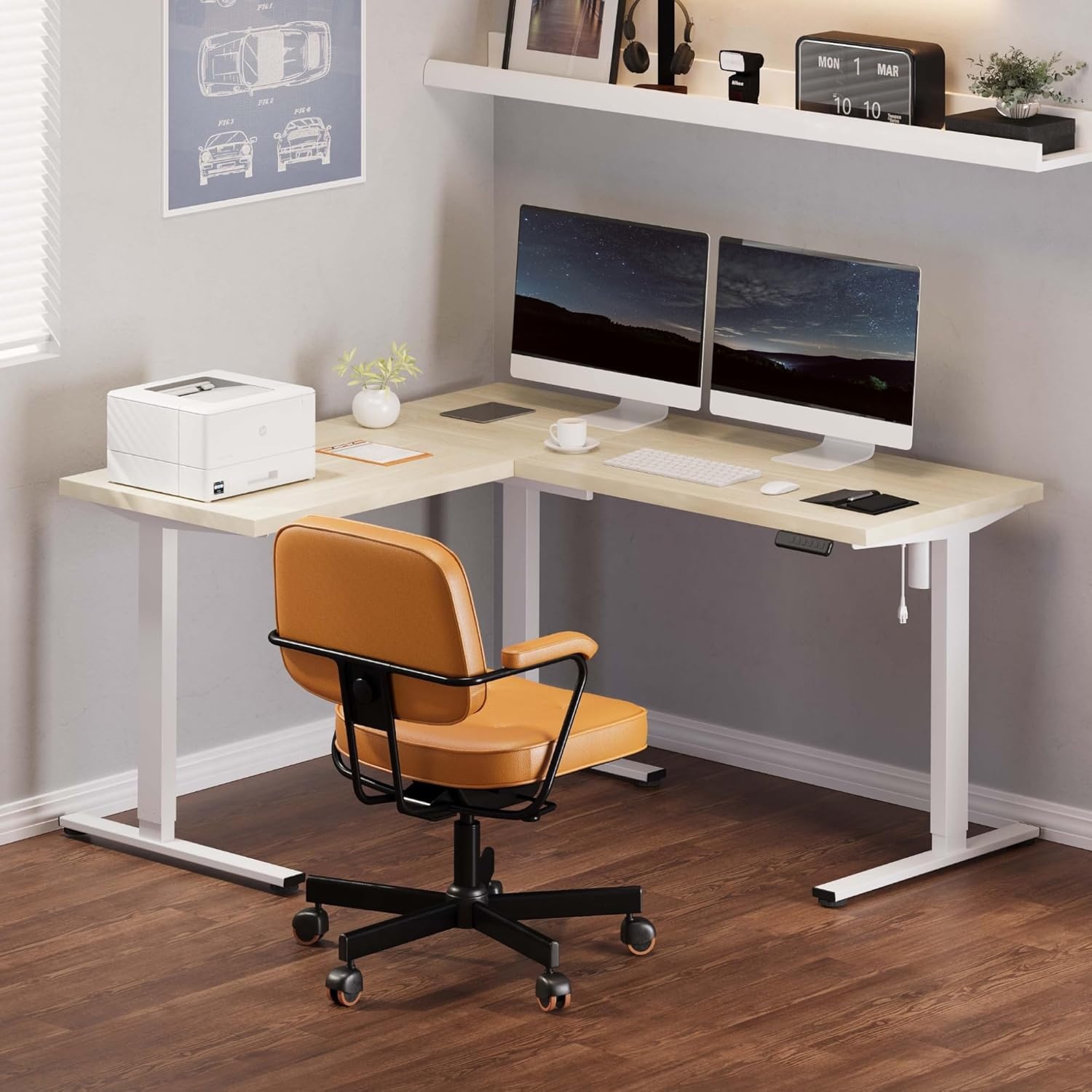image:imageFLEXISPOT 63 L Shaped Standing Desk with Shelf Electric Corner Table Drawers Adjustable Computer Workstation for Home Office63x55in White Top White FrameBasic
