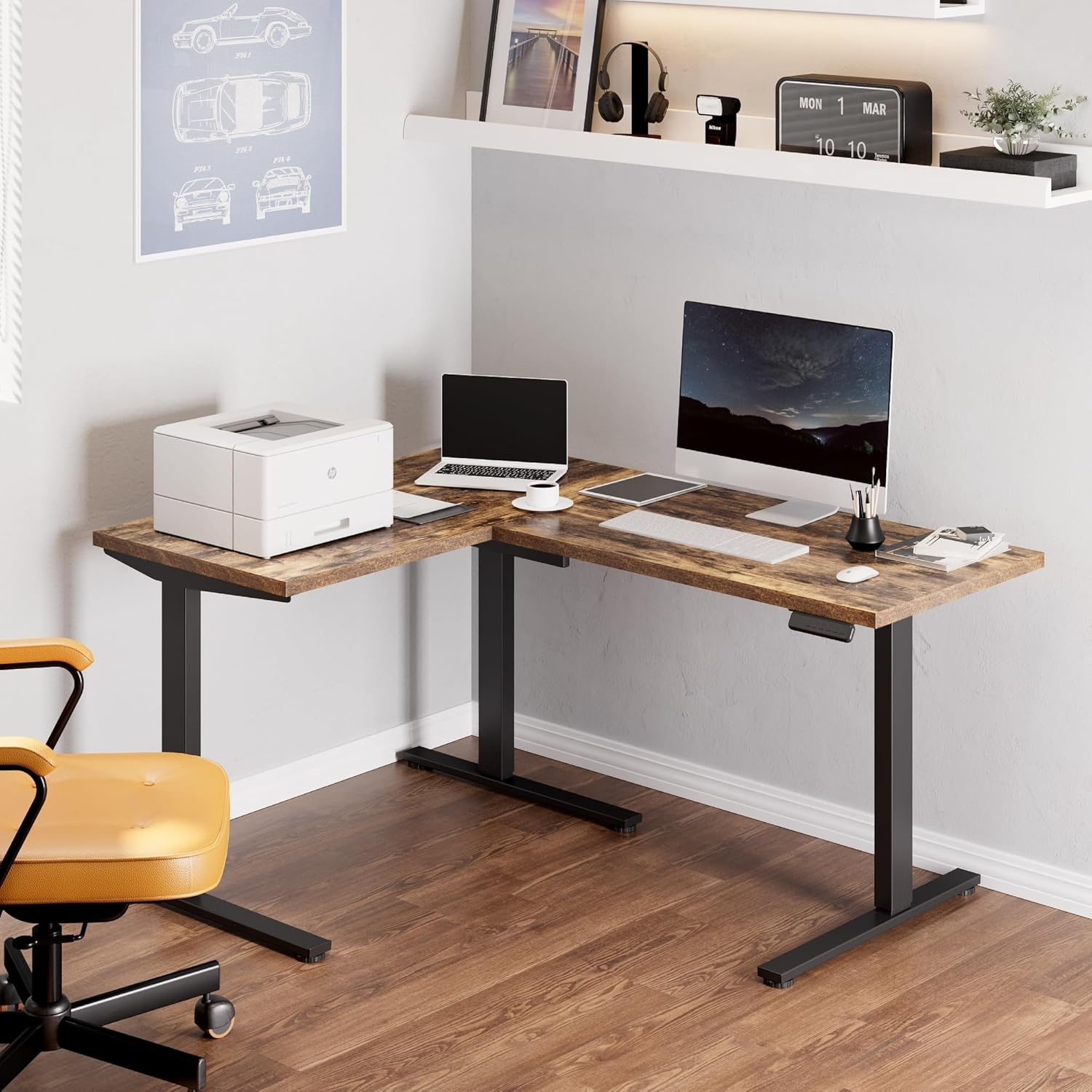 image:imageFLEXISPOT 63 L Shaped Standing Desk with Shelf Electric Corner Table Drawers Adjustable Computer Workstation for Home Office63x55in White Top White FrameBasic