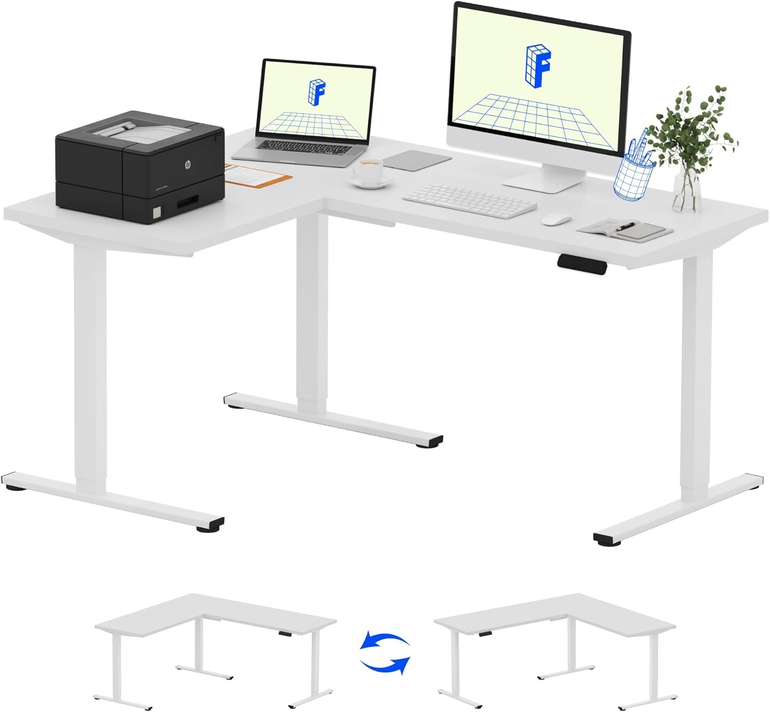 image:imageFLEXISPOT 63 L Shaped Standing Desk with Shelf Electric Corner Table Drawers Adjustable Computer Workstation for Home Office63x55in White Top White FrameBasic