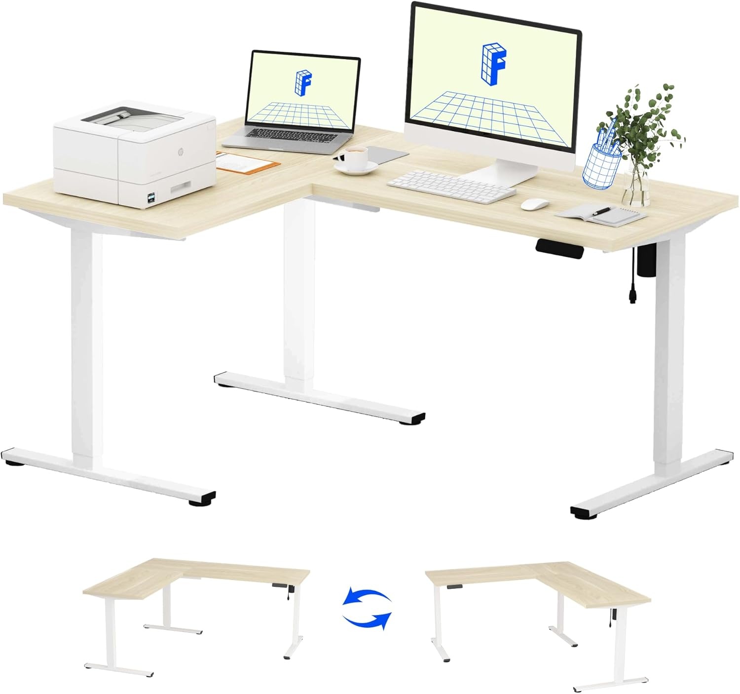 image:imageFLEXISPOT 63 L Shaped Standing Desk with Shelf Electric Corner Table Drawers Adjustable Computer Workstation for Home Office63x55in White Top White FrameBasic