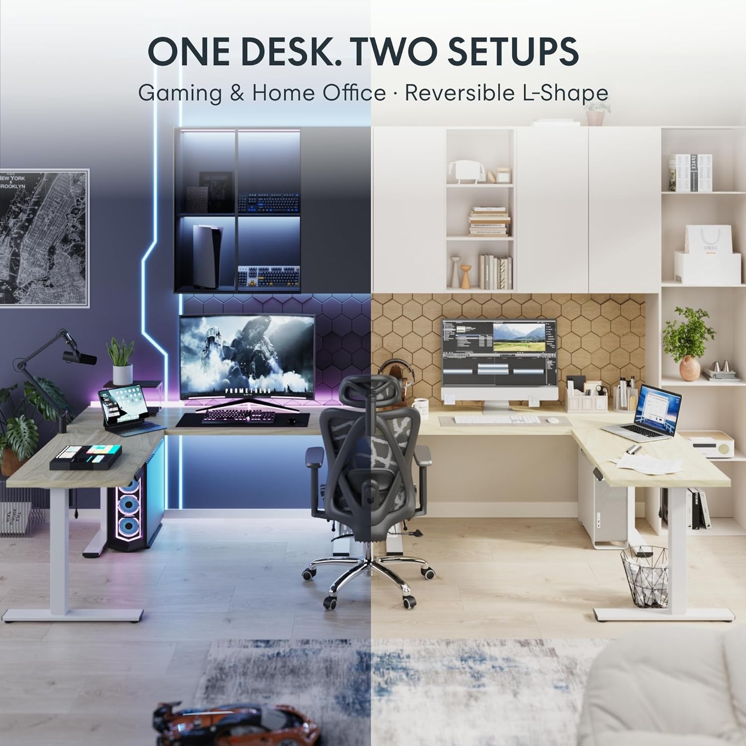 image:imageFLEXISPOT 63 L Shaped Standing Desk with Shelf Electric Corner Table Drawers Adjustable Computer Workstation for Home Office63x55in White Top White FrameBasic