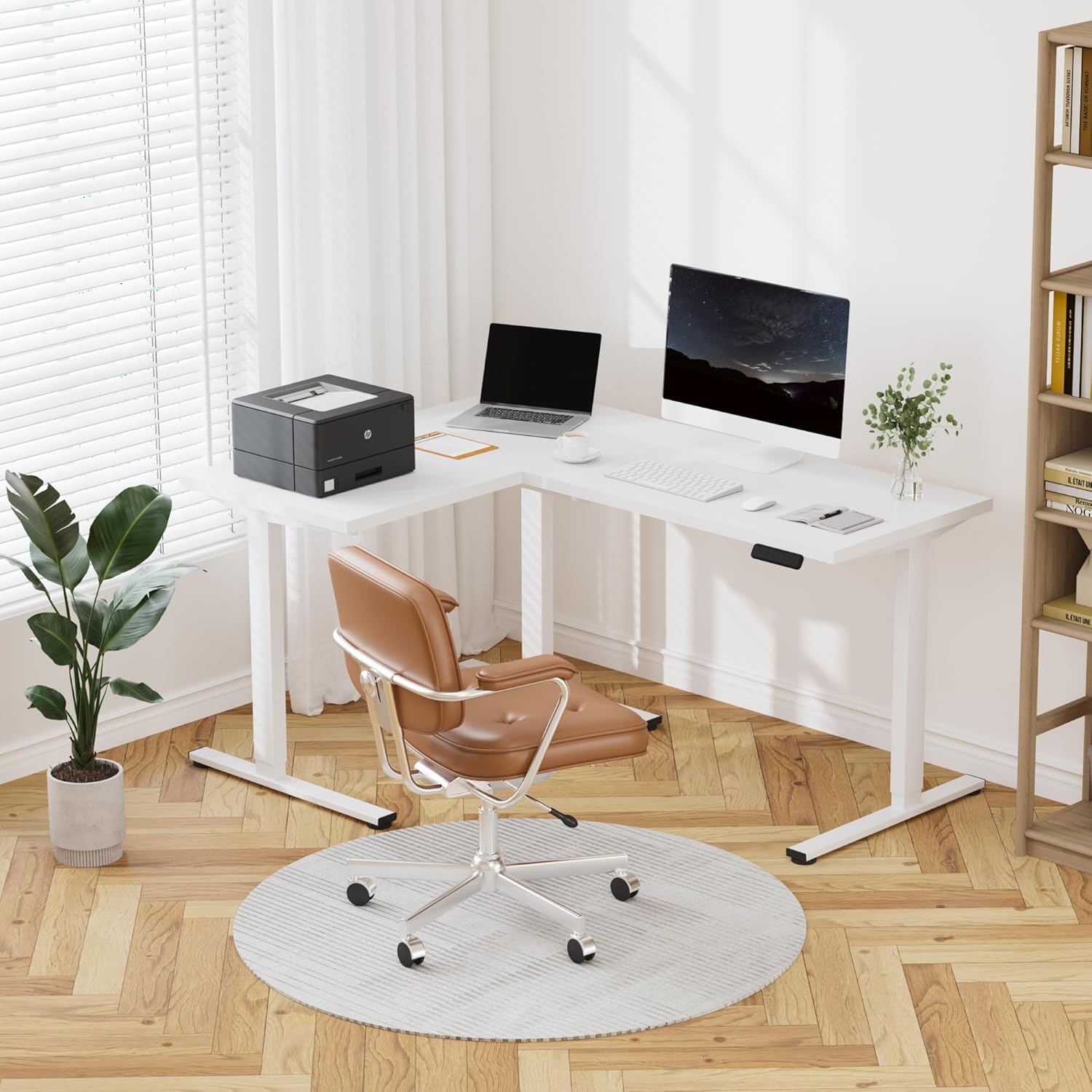 image:imageFLEXISPOT 63 L Shaped Standing Desk with Shelf Electric Corner Table Drawers Adjustable Computer Workstation for Home Office63x55in White Top White FrameBasic