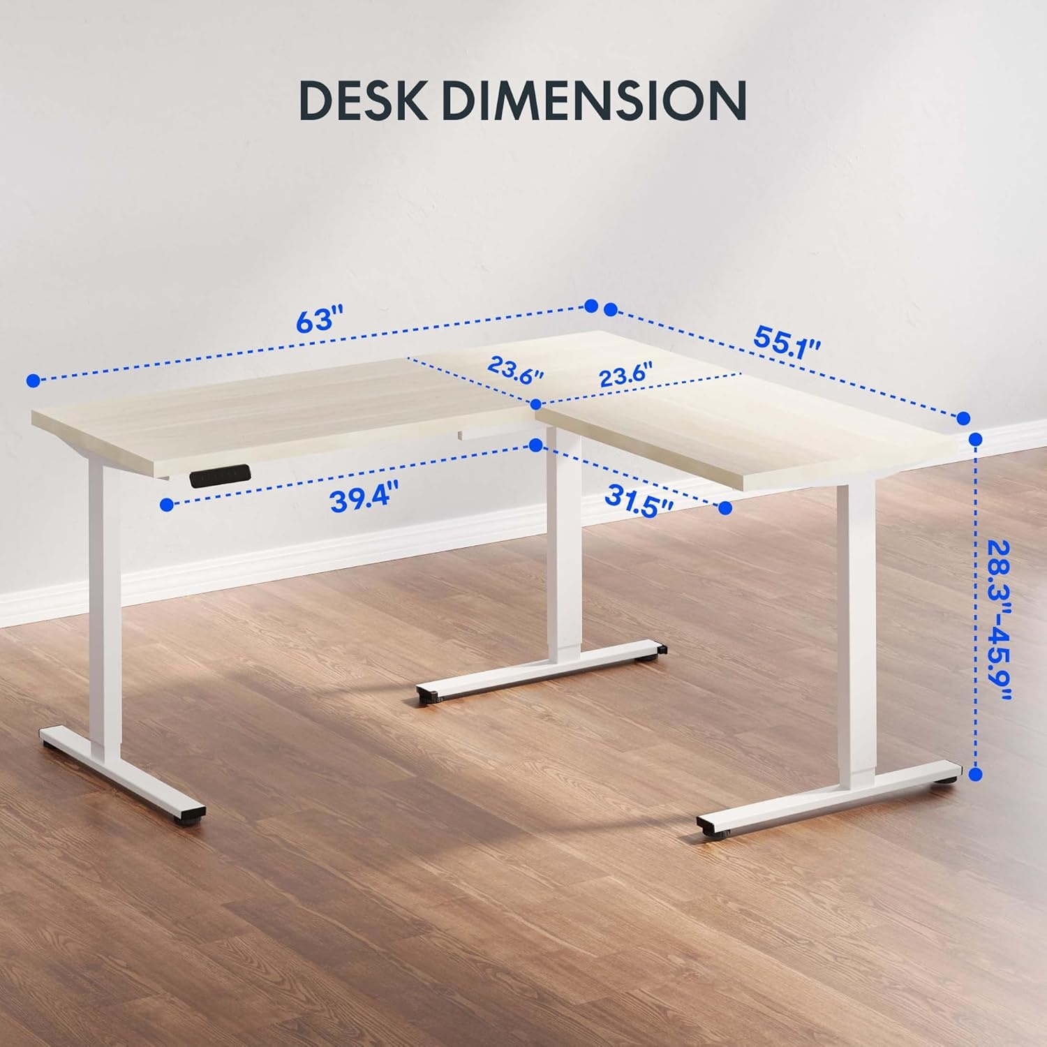 image:imageFLEXISPOT 63 L Shaped Standing Desk with Shelf Electric Corner Table Drawers Adjustable Computer Workstation for Home Office63x55in White Top White FrameBasic