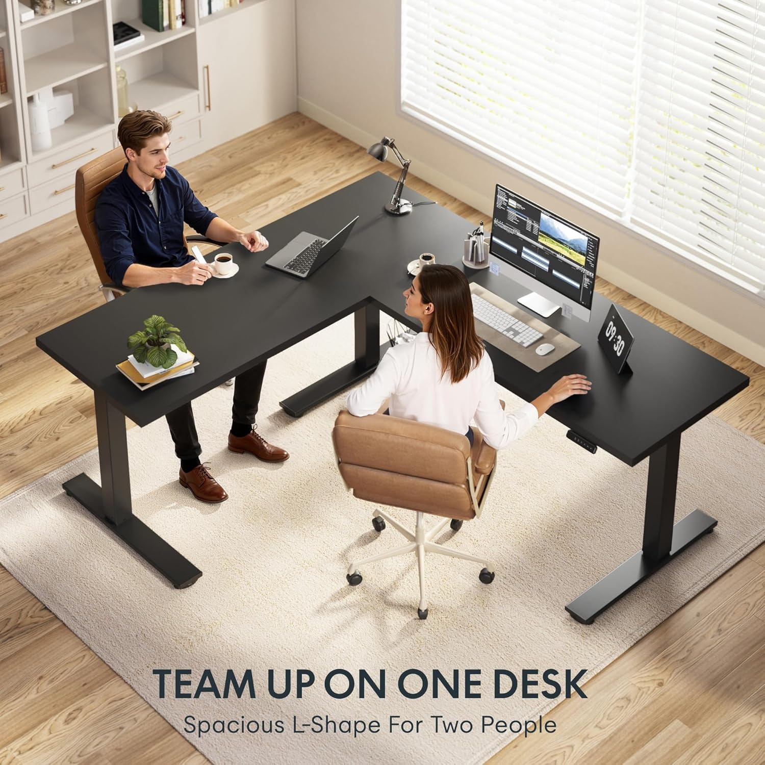image:imageFLEXISPOT 63 L Shaped Standing Desk with Shelf Electric Corner Table Drawers Adjustable Computer Workstation for Home Office63x55in White Top White FrameBasic