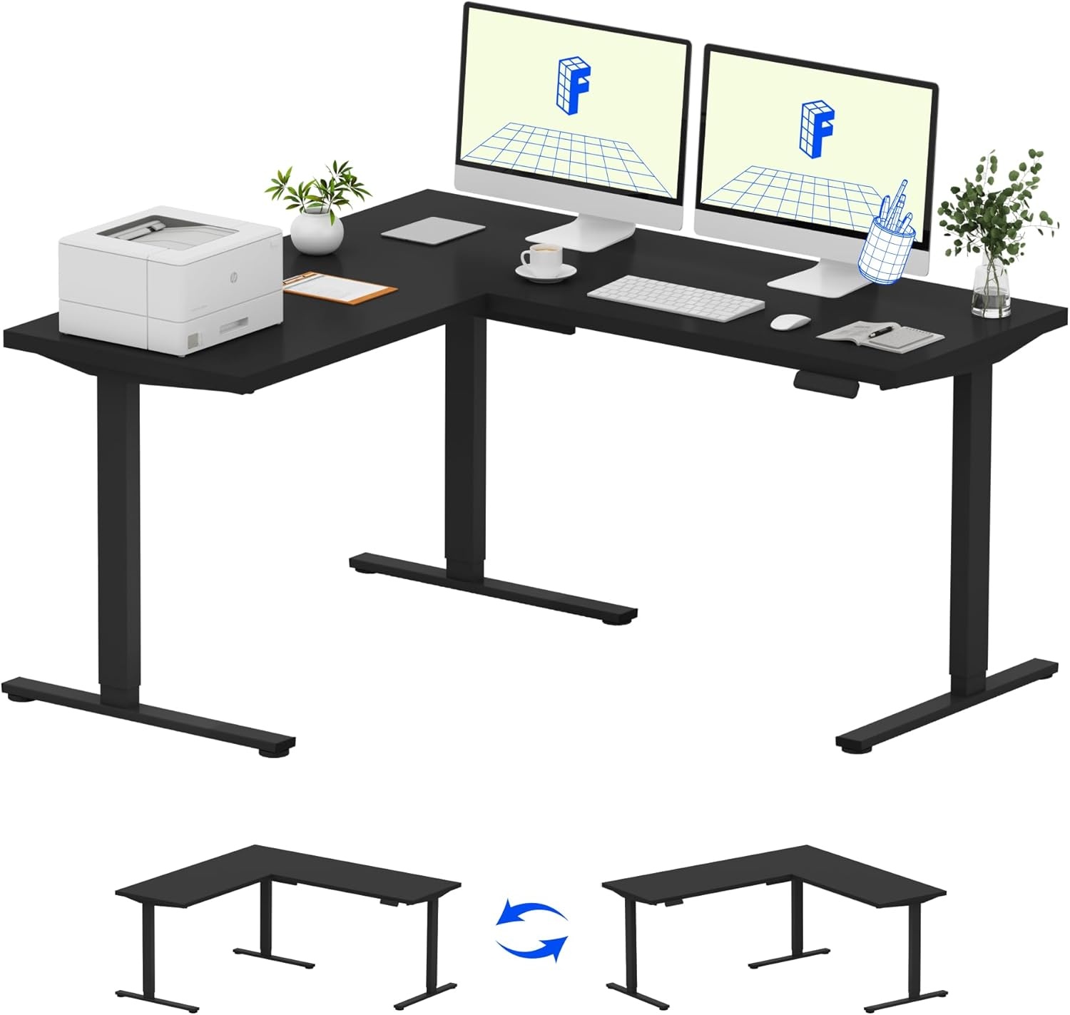 image:imageFLEXISPOT 63 L Shaped Standing Desk with Shelf Electric Corner Table Drawers Adjustable Computer Workstation for Home Office63x55in White Top White FrameBasic