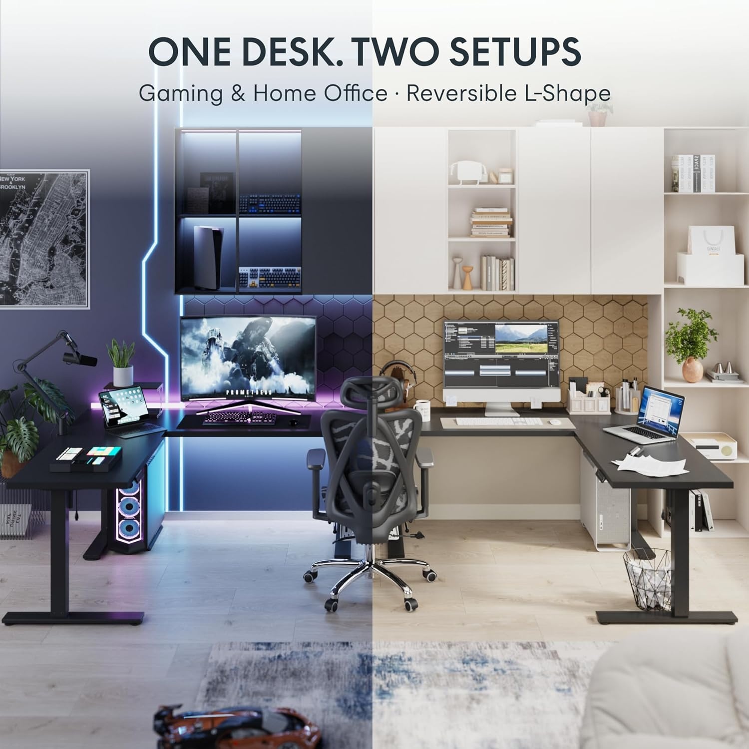 image:imageFLEXISPOT 63 L Shaped Standing Desk with Shelf Electric Corner Table Drawers Adjustable Computer Workstation for Home Office63x55in White Top White FrameBasic