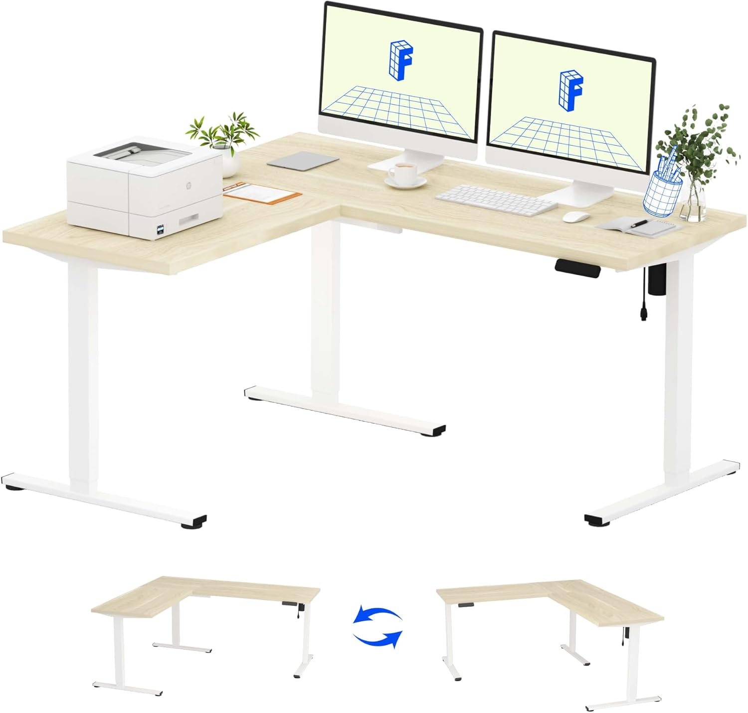 image:imageFLEXISPOT 63 L Shaped Standing Desk with Shelf Electric Corner Table Drawers Adjustable Computer Workstation for Home Office63x55in White Top White FrameBasic
