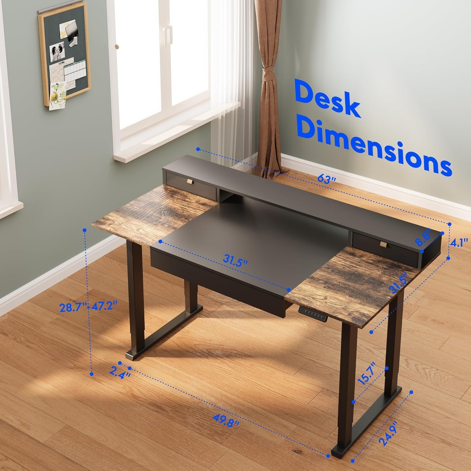 image:imageFLEXISPOT 63x32 in 4Leg Standing Desk with Storage Electric Adjustable Height with 3 Drawers amp Shelving Home Office Workstation Black Special Walnut TopBlack Frame Black Special Walnut Top With Drawers
