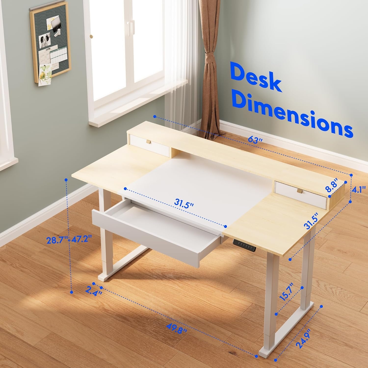 image:imageFLEXISPOT 63x32 in 4Leg Standing Desk with Storage Electric Adjustable Height with 3 Drawers amp Shelving Home Office Workstation Black Special Walnut TopWhite Frame White Maple Top With Drawers
