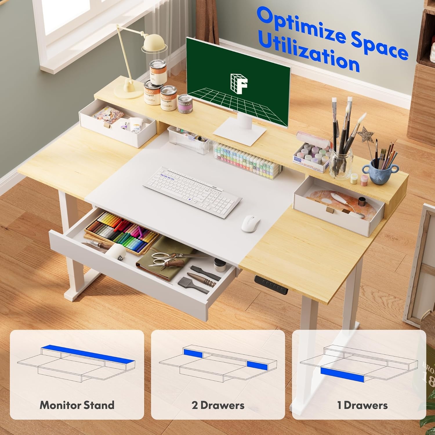 image:imageFLEXISPOT 63x32 in 4Leg Standing Desk with Storage Electric Adjustable Height with 3 Drawers amp Shelving Home Office Workstation Black Special Walnut TopWhite Frame White Maple Top With Drawers