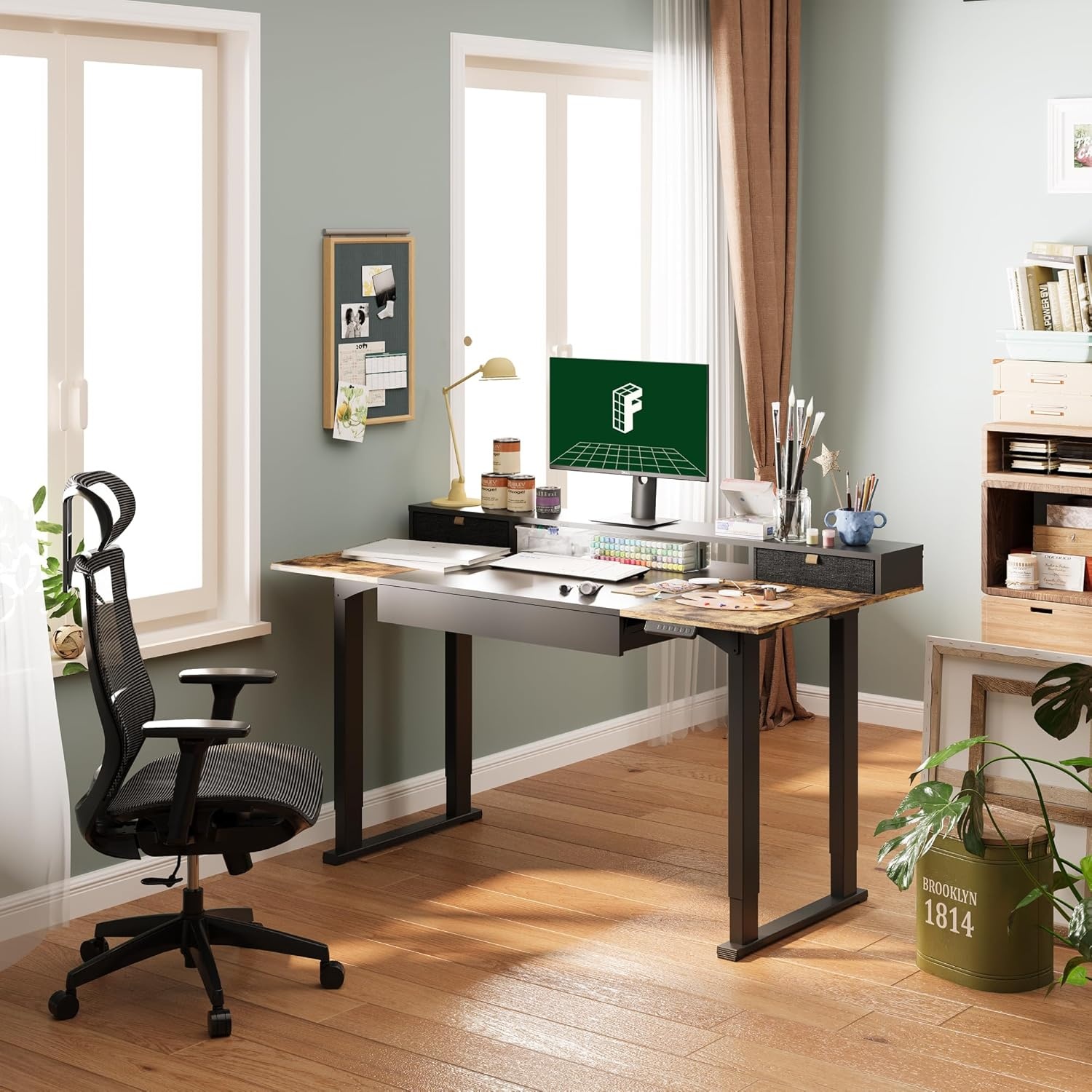 image:imageFLEXISPOT 63x32 in 4Leg Standing Desk with Storage Electric Adjustable Height with 3 Drawers amp Shelving Home Office Workstation Black Special Walnut TopBlack Frame Black Special Walnut Top With Drawers