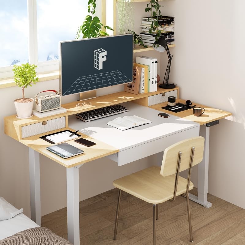 image:imageFLEXISPOT 63x32 in 4Leg Standing Desk with Storage Electric Adjustable Height with 3 Drawers amp Shelving Home Office Workstation Black Special Walnut TopWhite Frame White Maple Top With Drawers