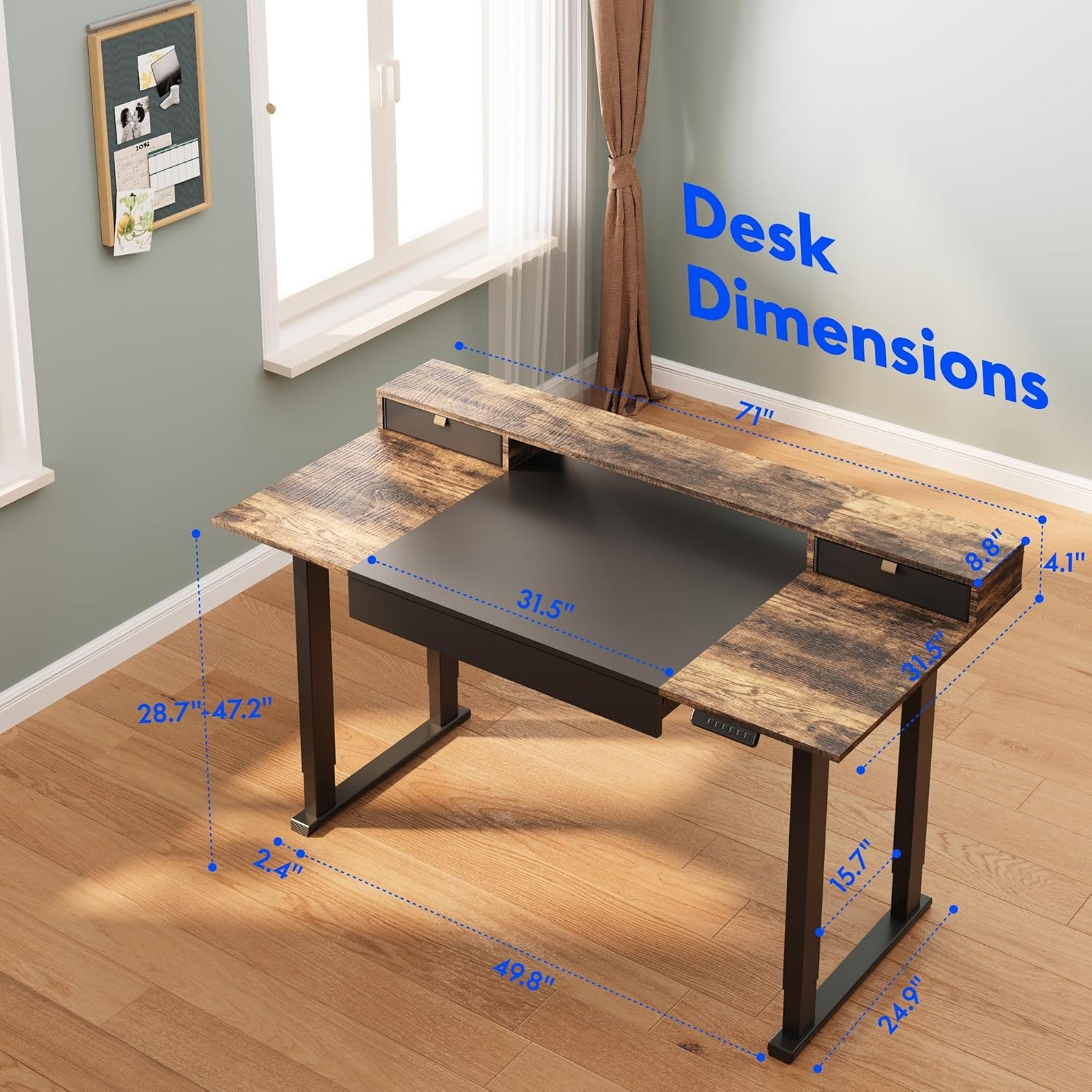 image:imageFLEXISPOT 63x32 in 4Leg Standing Desk with Storage Electric Adjustable Height with 3 Drawers amp Shelving Home Office Workstation Black Special Walnut TopBlack Frame Black Special Walnut Top With Drawers