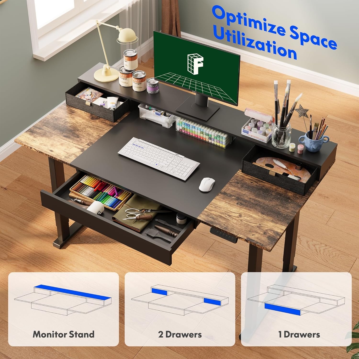 image:imageFLEXISPOT 63x32 in 4Leg Standing Desk with Storage Electric Adjustable Height with 3 Drawers amp Shelving Home Office Workstation Black Special Walnut TopBlack Frame Black Special Walnut Top With Drawers