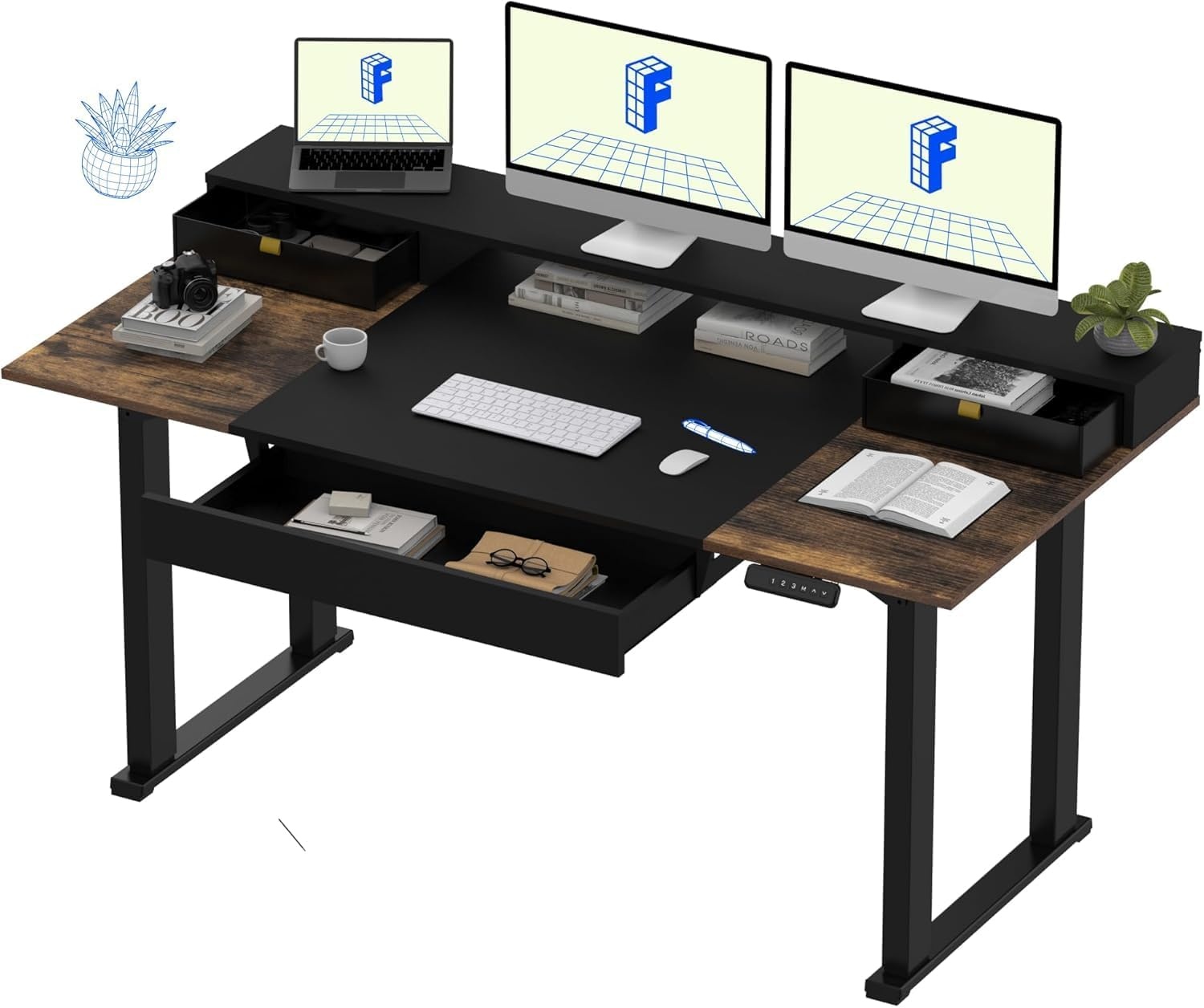 image:imageFLEXISPOT 63x32 in 4Leg Standing Desk with Storage Electric Adjustable Height with 3 Drawers amp Shelving Home Office Workstation Black Special Walnut TopBlack Frame Black Special Walnut Top With Drawers