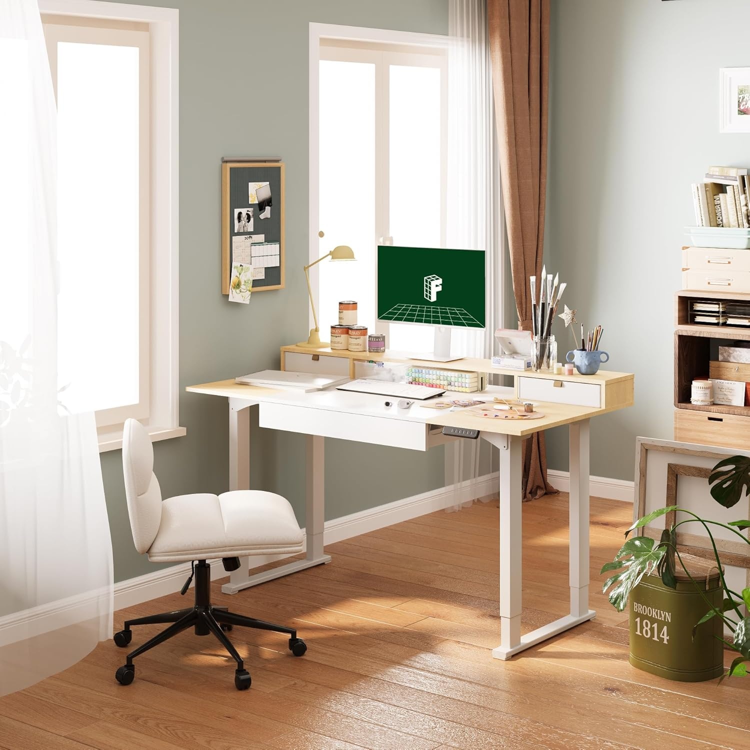 image:imageFLEXISPOT 63x32 in 4Leg Standing Desk with Storage Electric Adjustable Height with 3 Drawers amp Shelving Home Office Workstation Black Special Walnut TopWhite Frame White Maple Top With Drawers